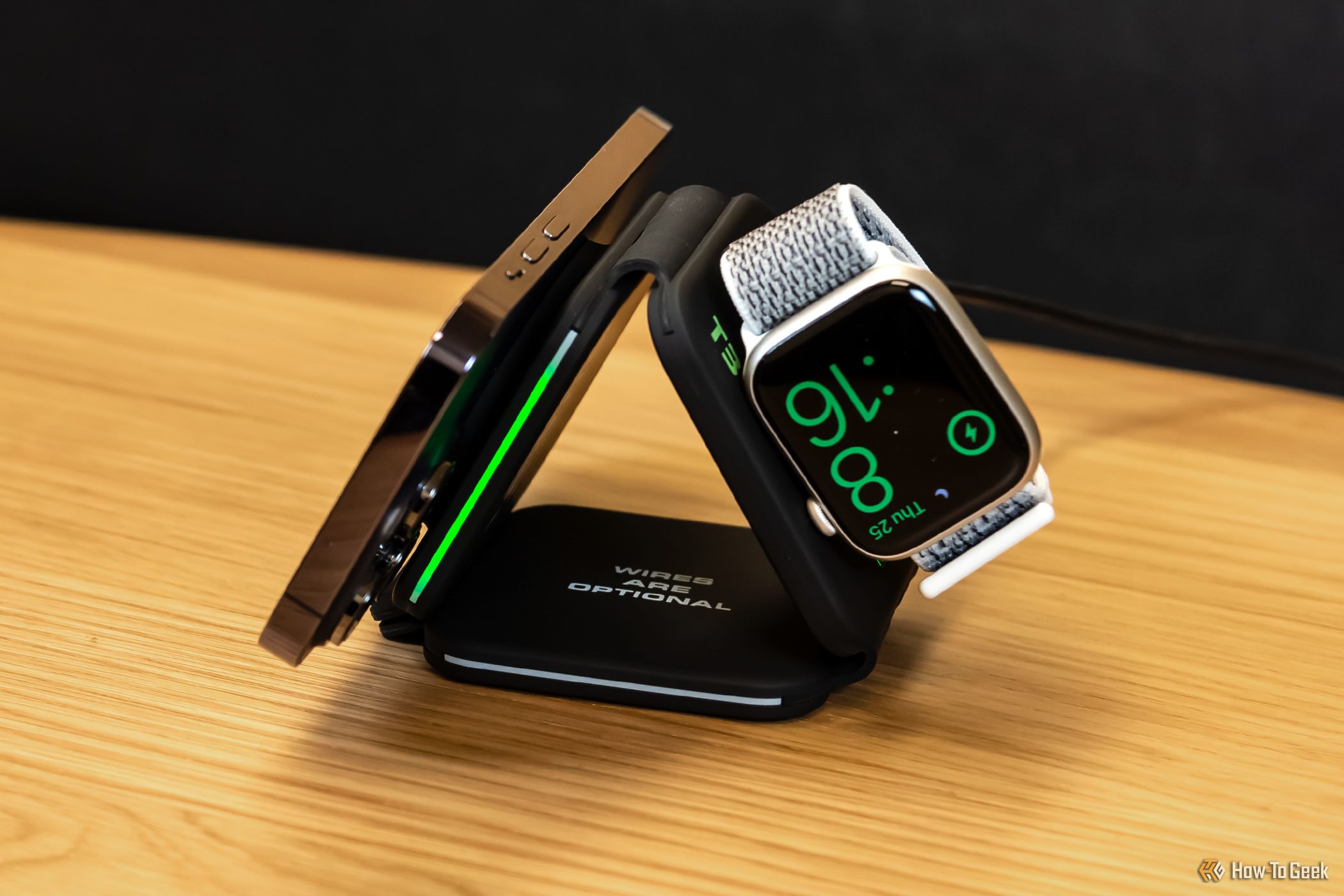 The folded Infinacore T3 3-in-1 Wireless Charging Station holding an iPhone and Apple Watch