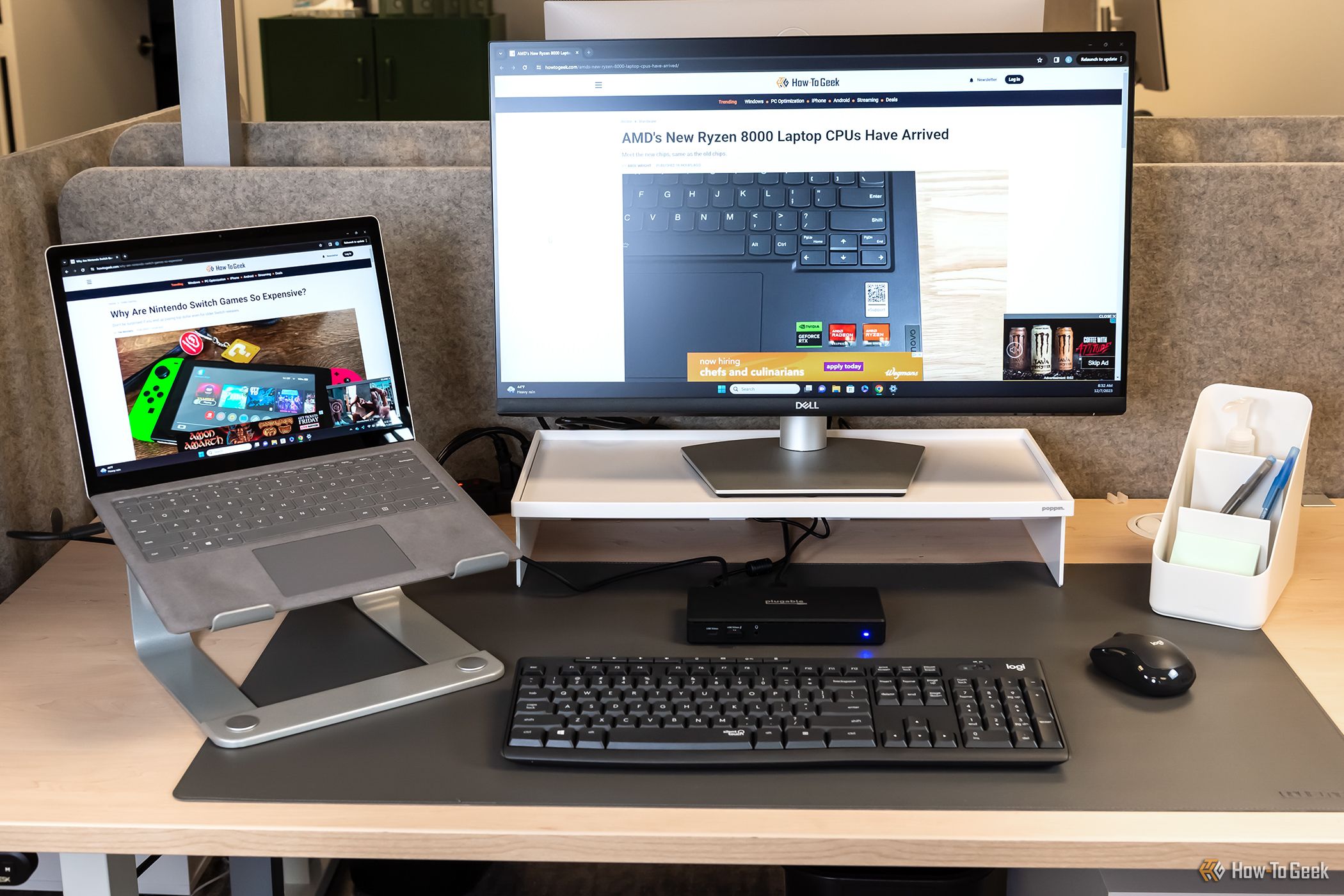 The Plugable USB C Dual HDMI Docking Station set up at a desk