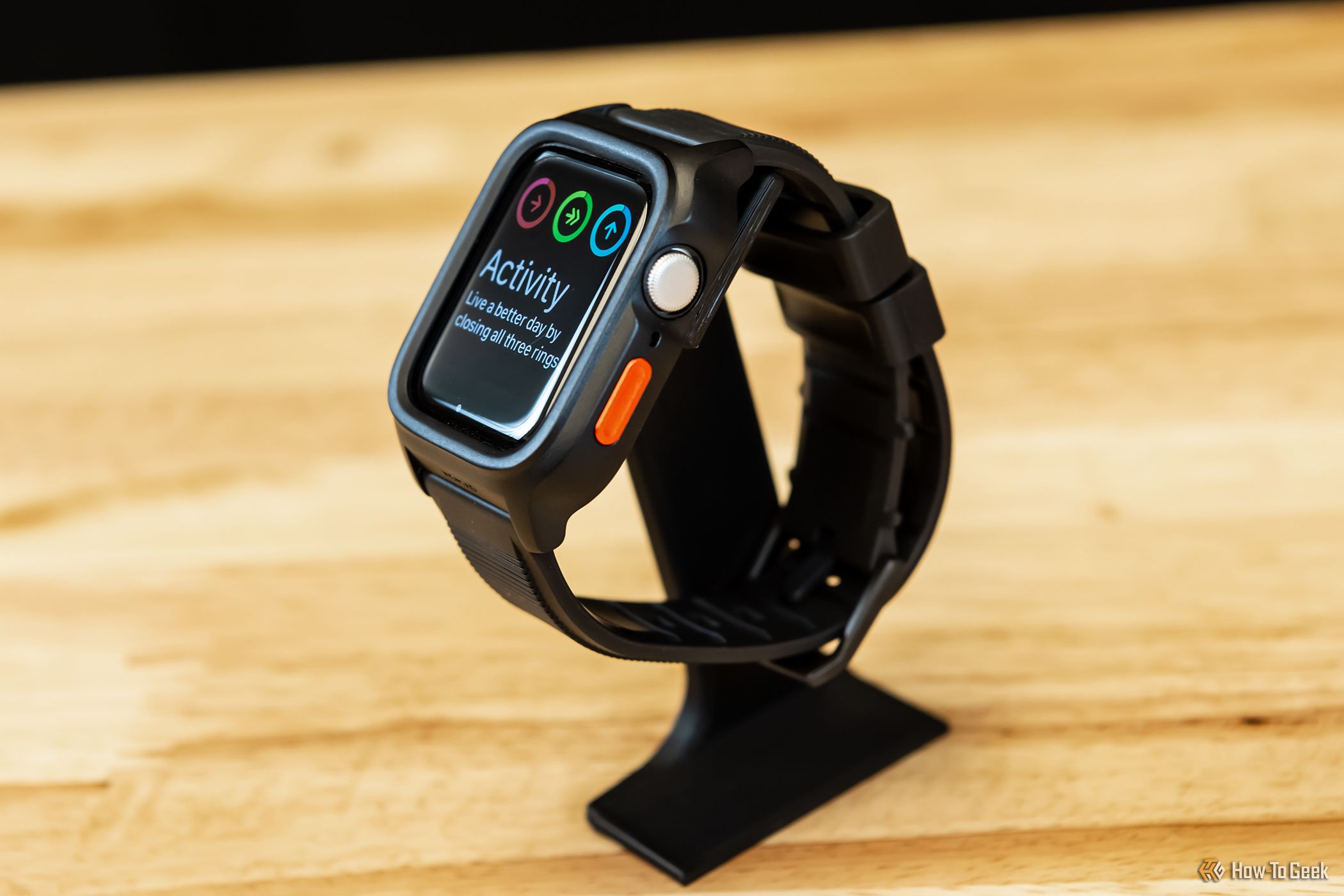 A Nomad Rugged Case for Apple Watch on a stand.