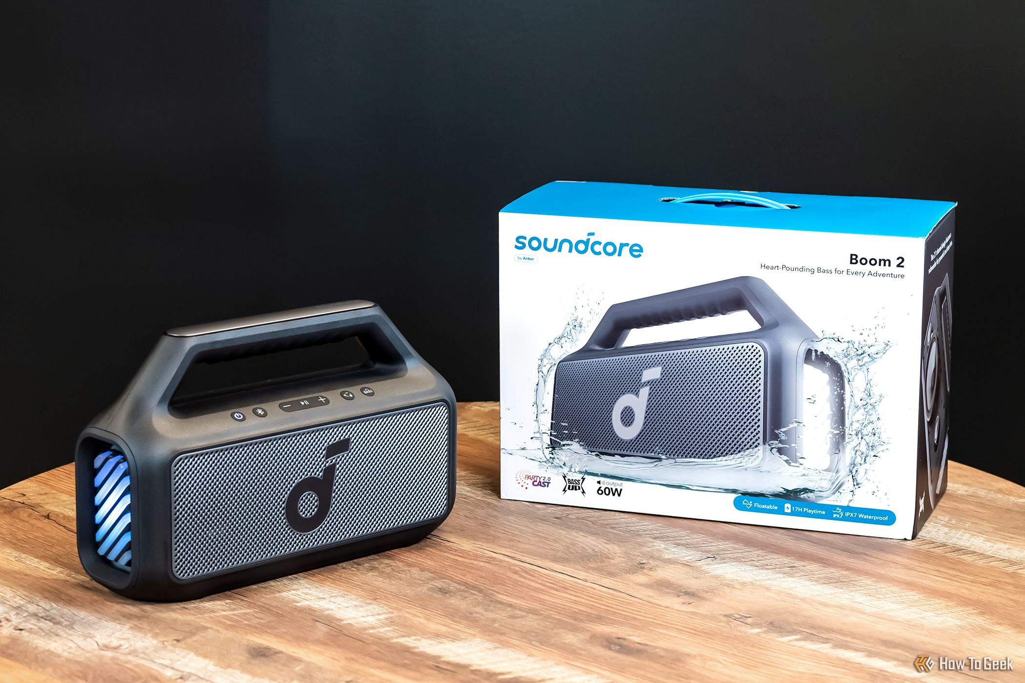 The Soundcore Boom 2 with its box.