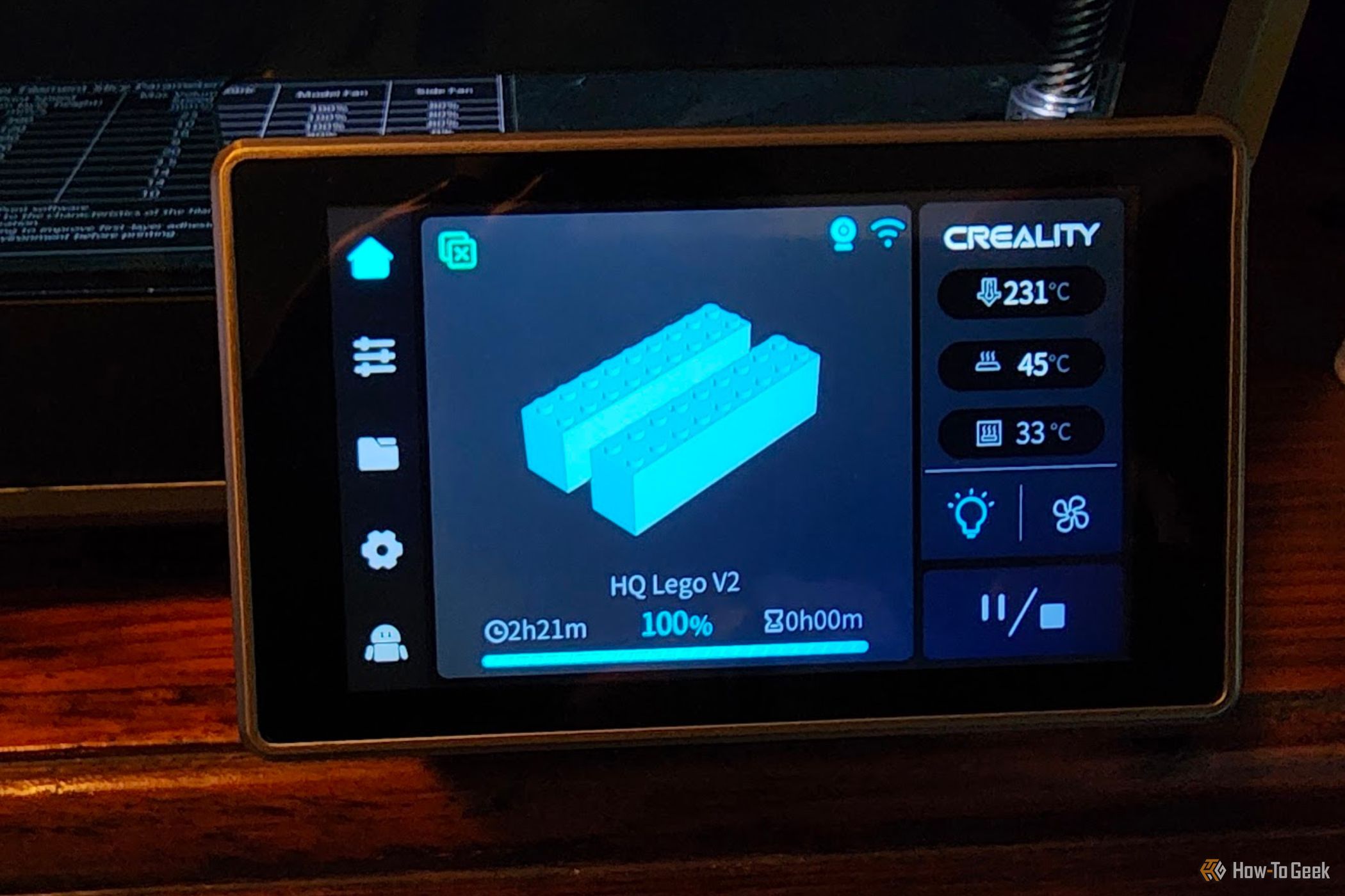 Creality K1 Max touch screen showing a print in progress.