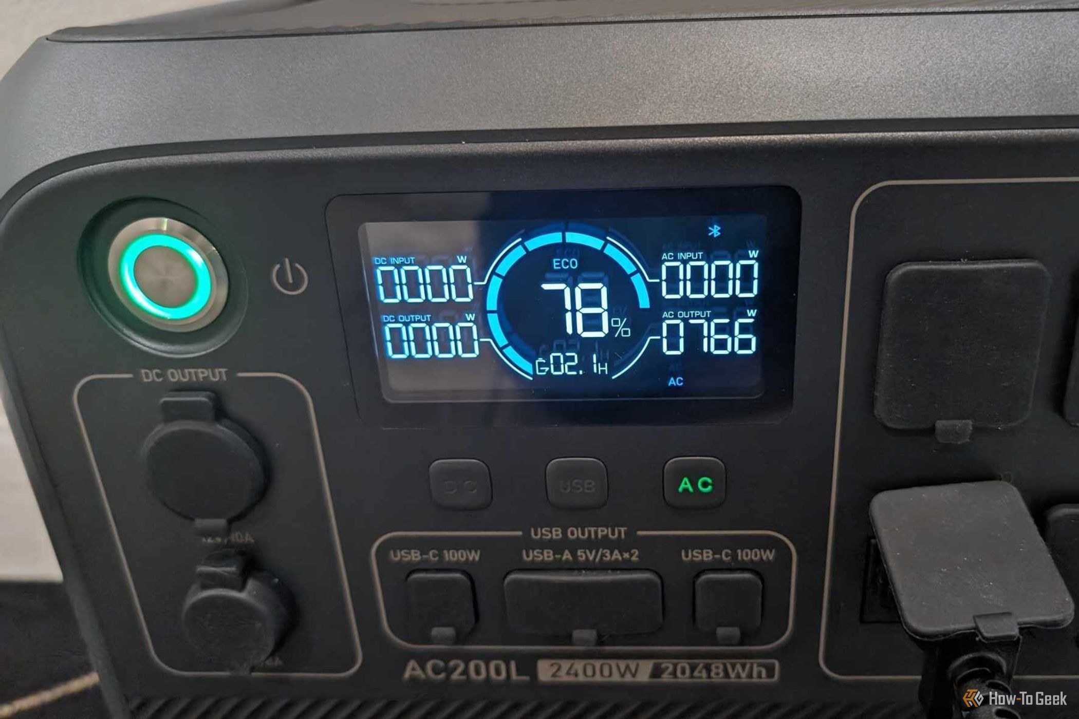 Bluetti AC200L Power Station showing 78% battery and 766W AC output
