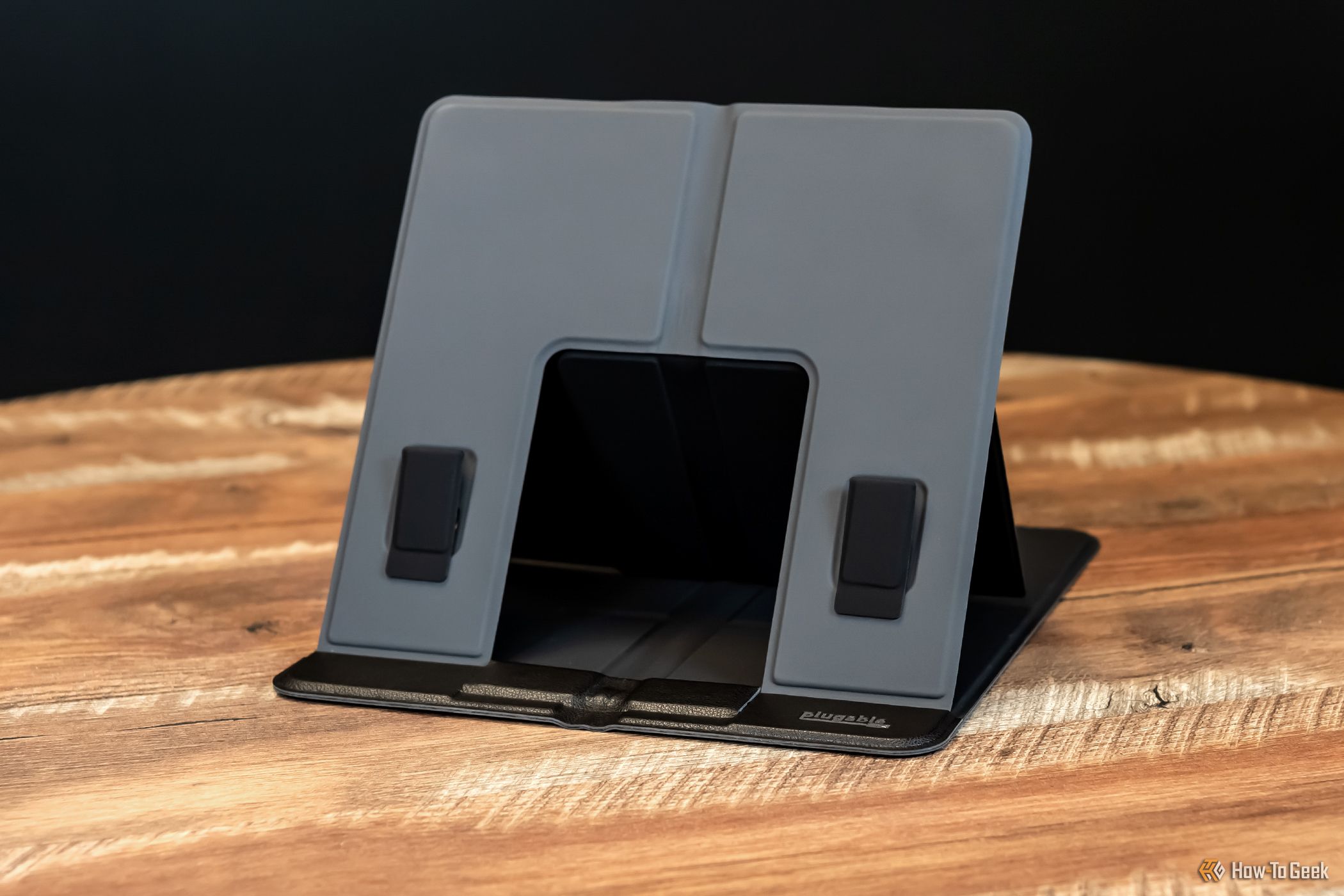 The Plugable PT-STANDX Foldable Stand set up