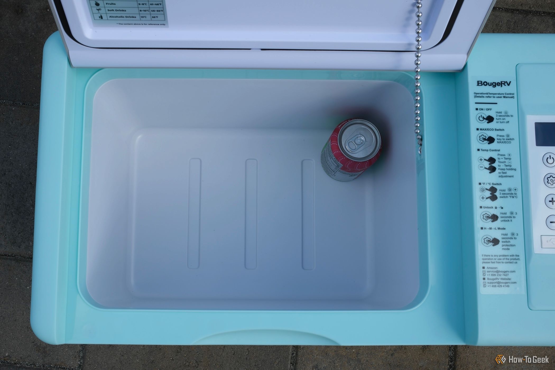 Top view of BougeRV CR 12V Mini Fridge with the lid open