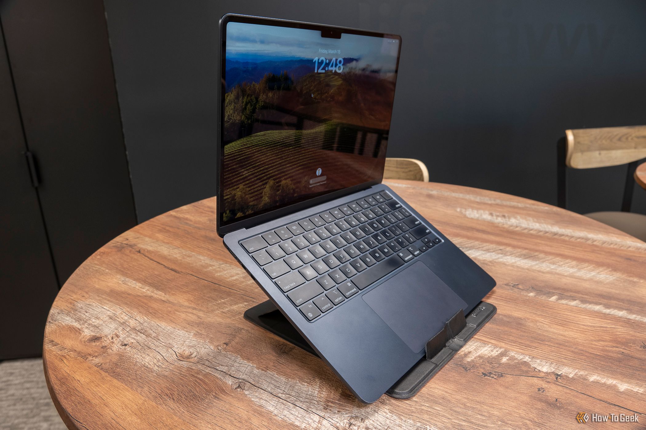 A MacBook on the Plugable PT StandX foldable stand