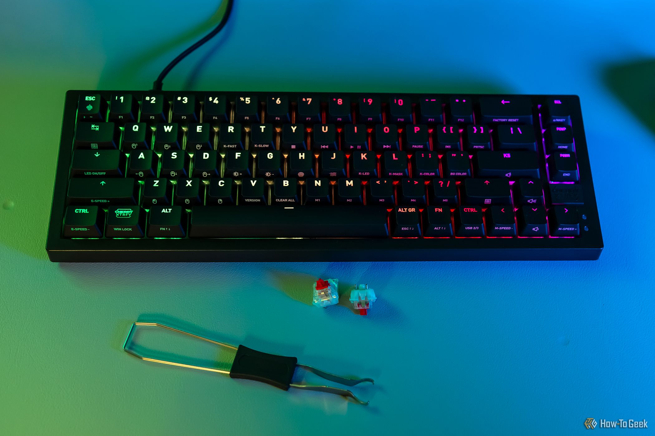 The Cherry K5V2 keyboard with extra switches and the remover tool.