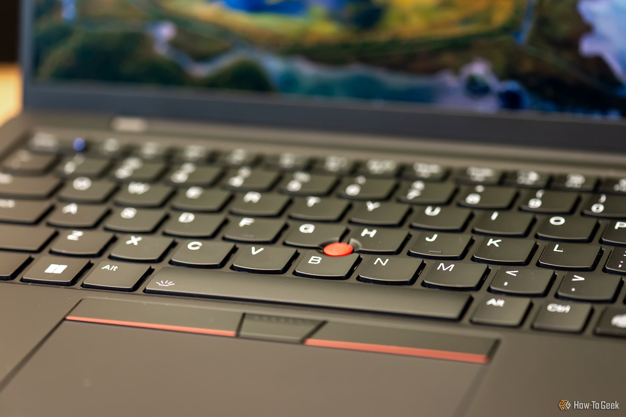 The keyboard, trackpad, and TrackPoint of the Lenovo X1 Carbon Gen 12.