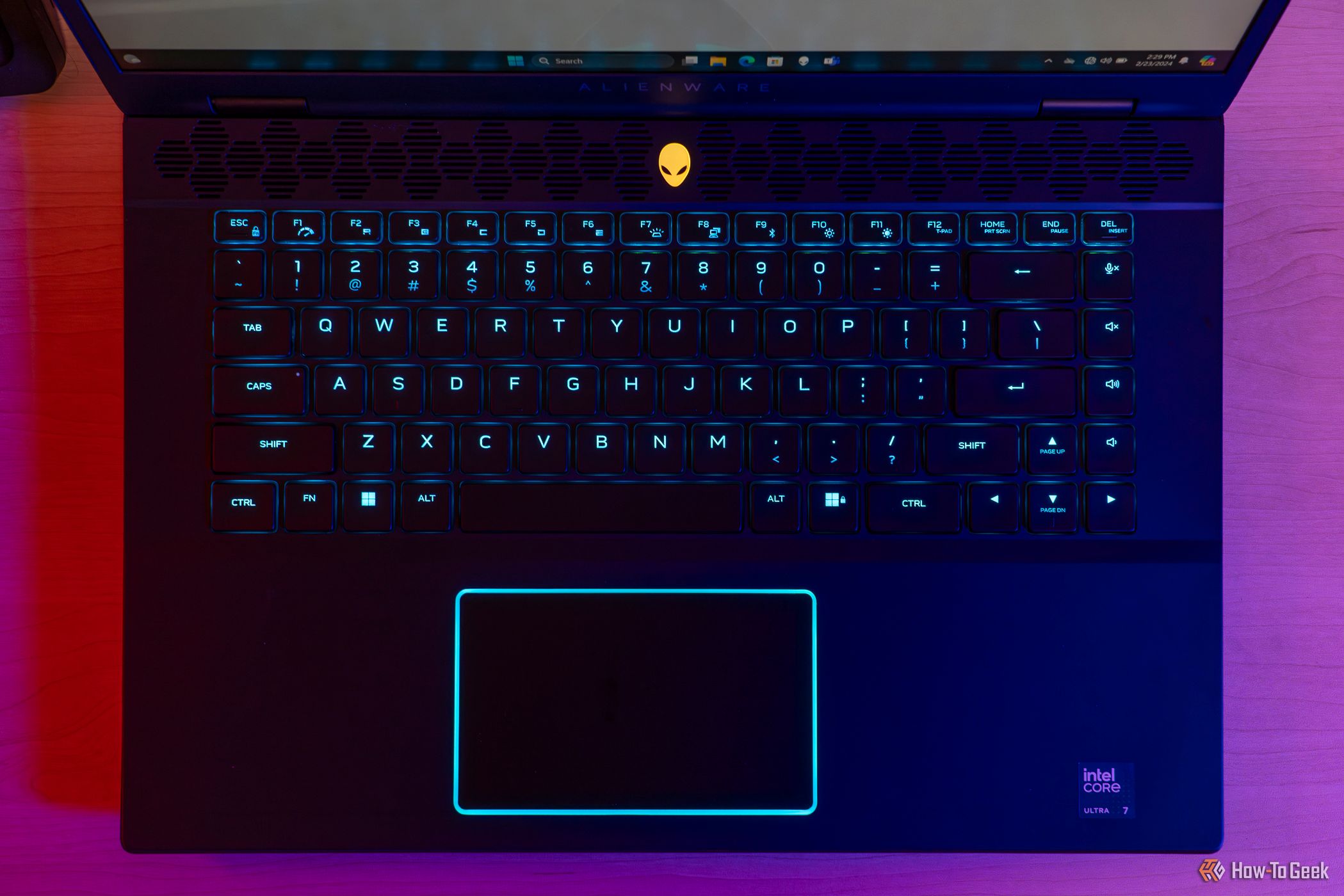 Top view of the Alienware m16 R2 keyboard and touchpad.