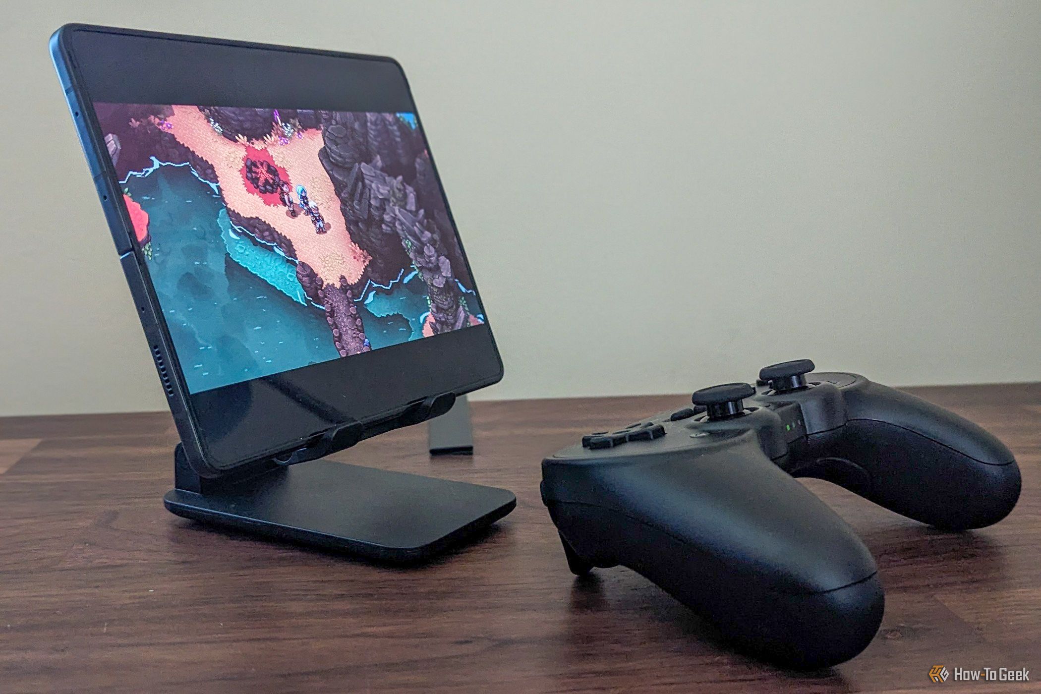 Playing a game in a phone resting on a stand with a Bluetooth controller