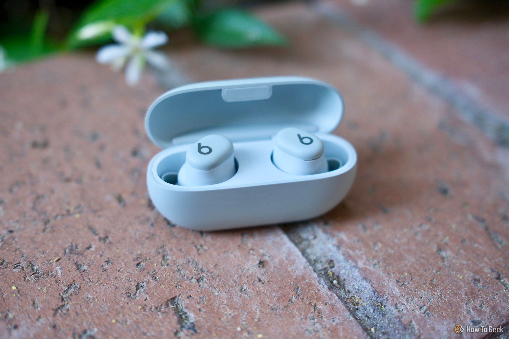 Beats Solo Buds sitting on sidewalk in their case