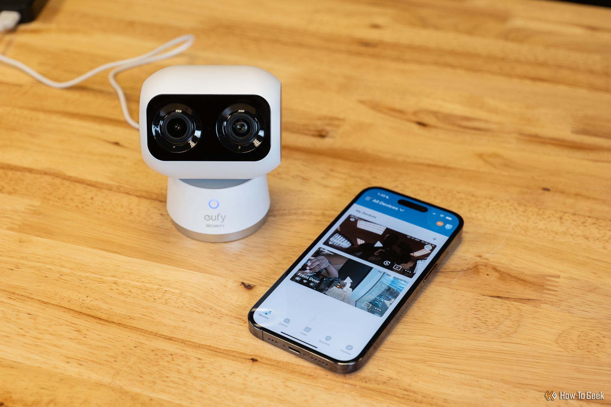The Eufy Security Indoor Cam S350 powered on via USB-C and connected to Eufy app.