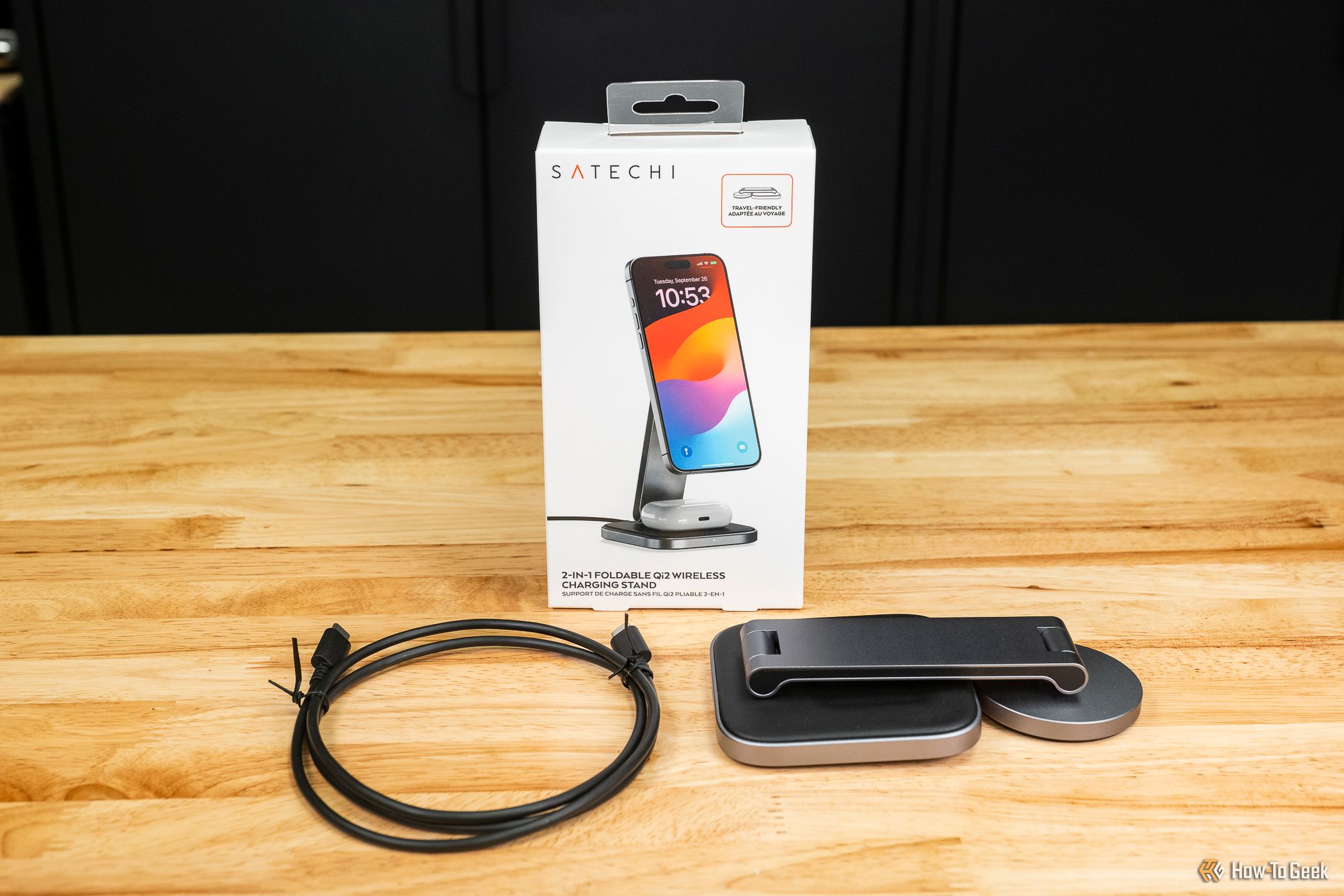 Satechi 2-in-1 Foldable Qi2 Wireless Charging Stand with accessories and box