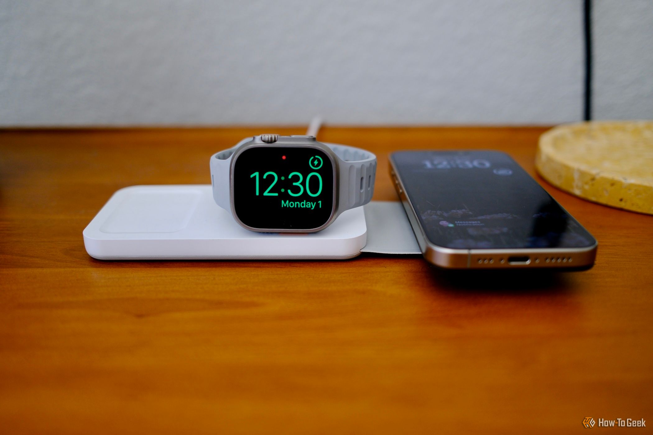 iPhone and Apple Watch charging on Journey Swiv 3-in-1