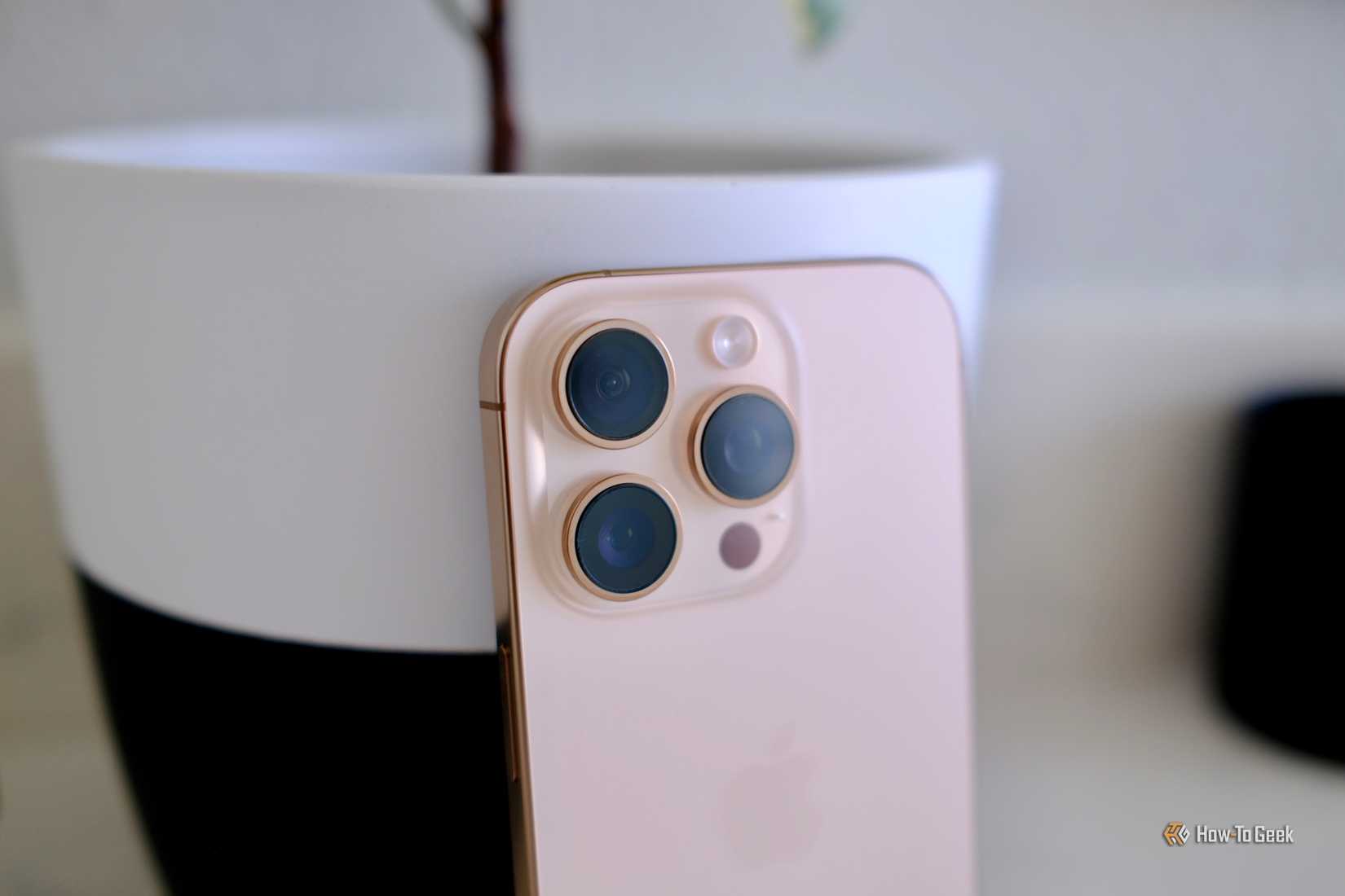 Close up of Apple iPhone 16 Pro cameras.
