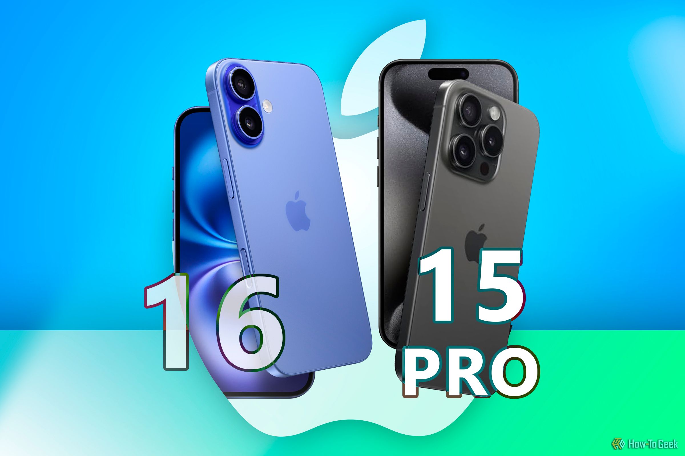 Iphone 16 vs Iphone 15 Pro with the Apple logo in the background.