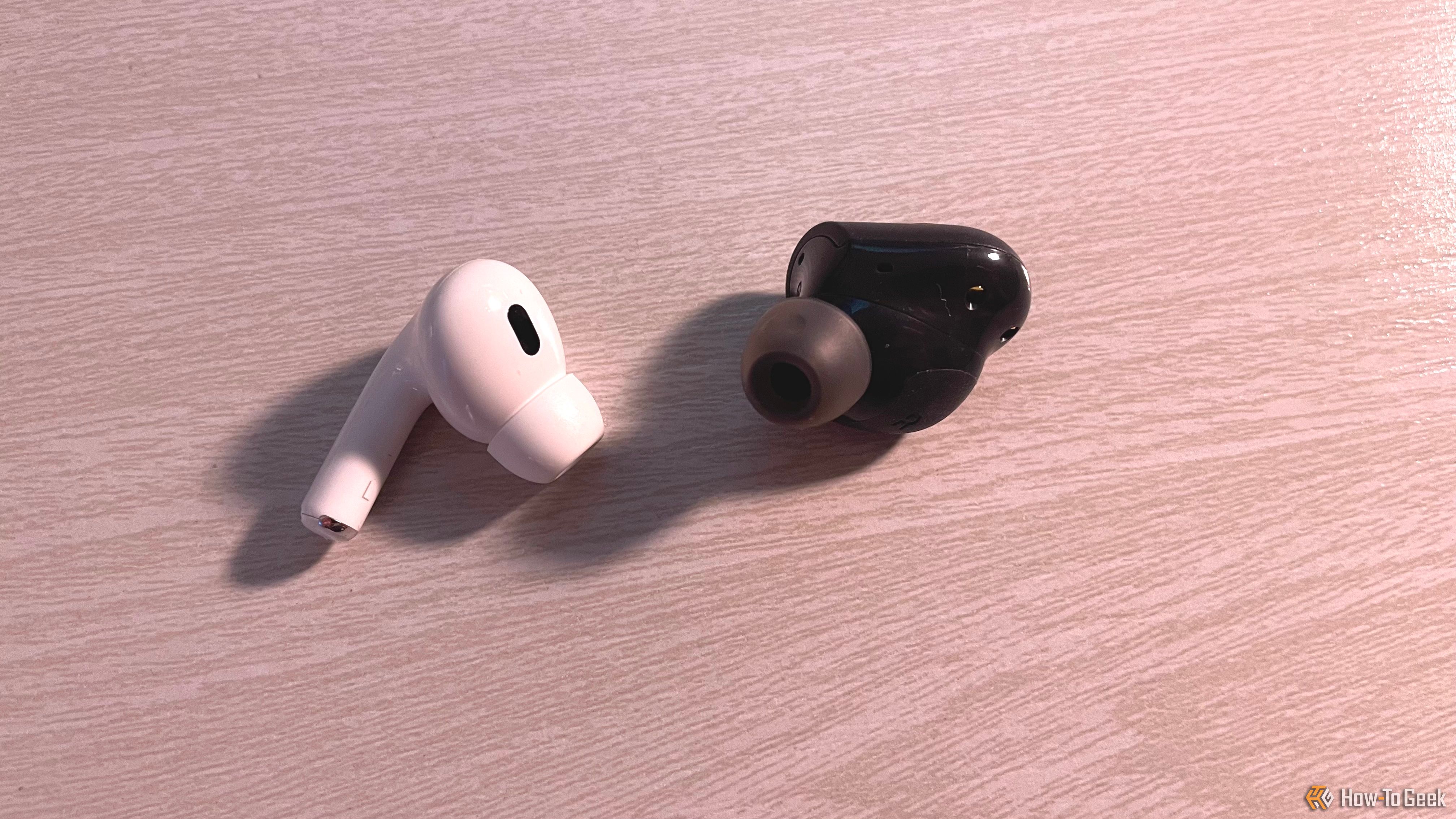 The Skullcandy Sesh ANC Active earbud next to an AirPod Pro 2 bud