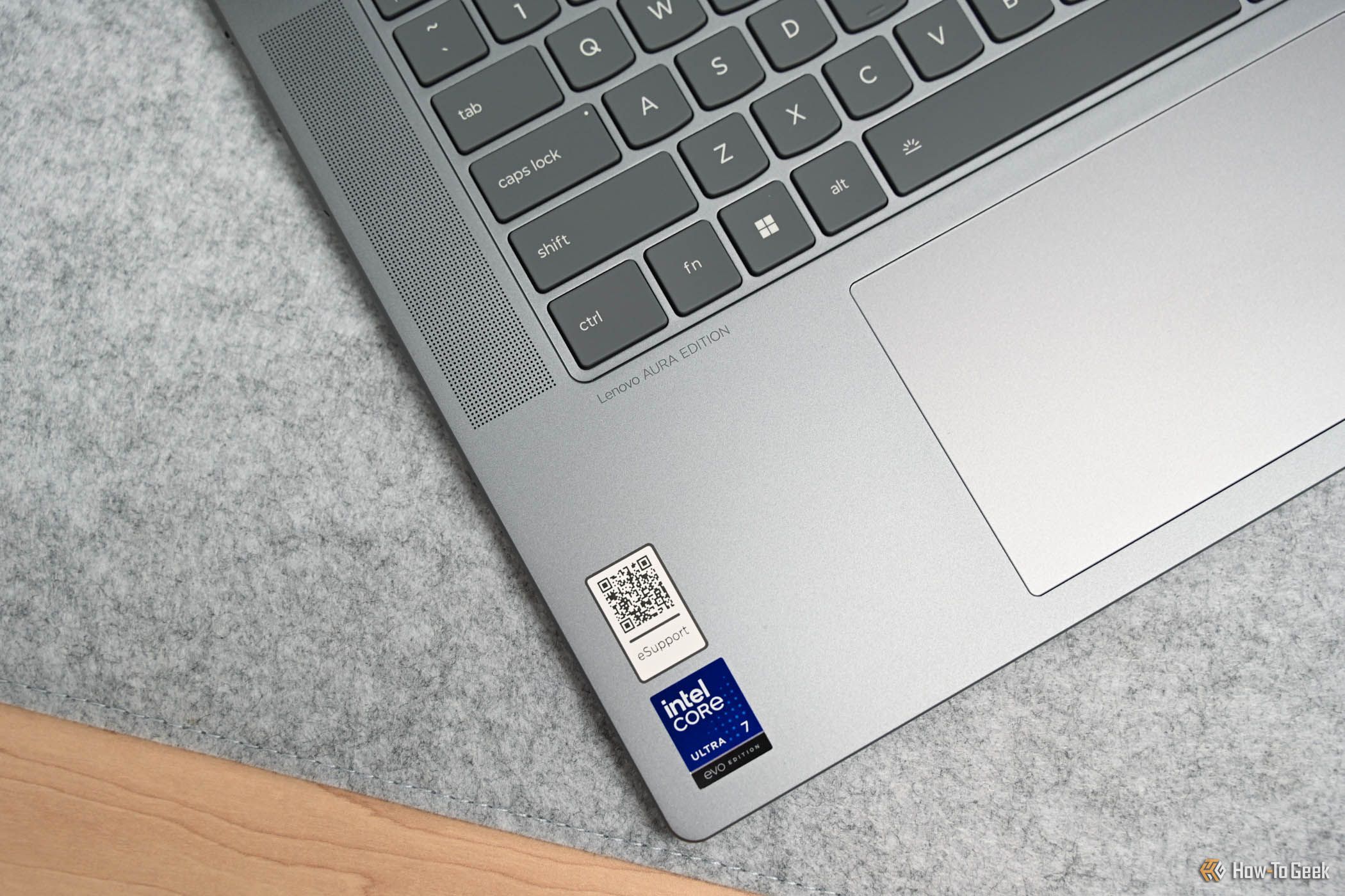 A closeup of the Lenovo Yoga Slim 7i Aura Edition's Intel Core Ultra 7 sticker.