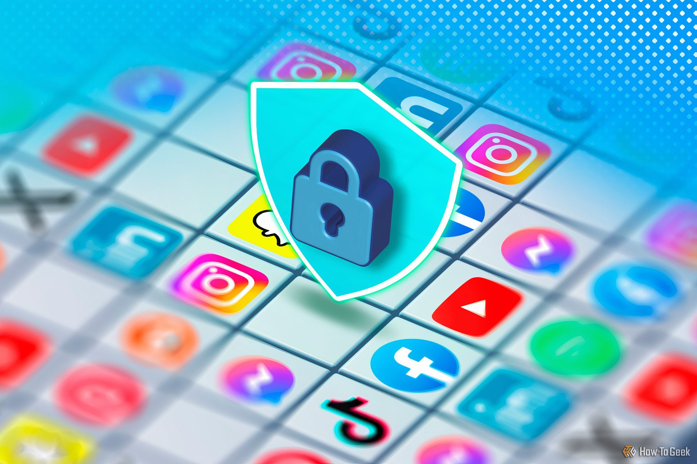 Surface with several social media icons and a shield with a padlock on top.