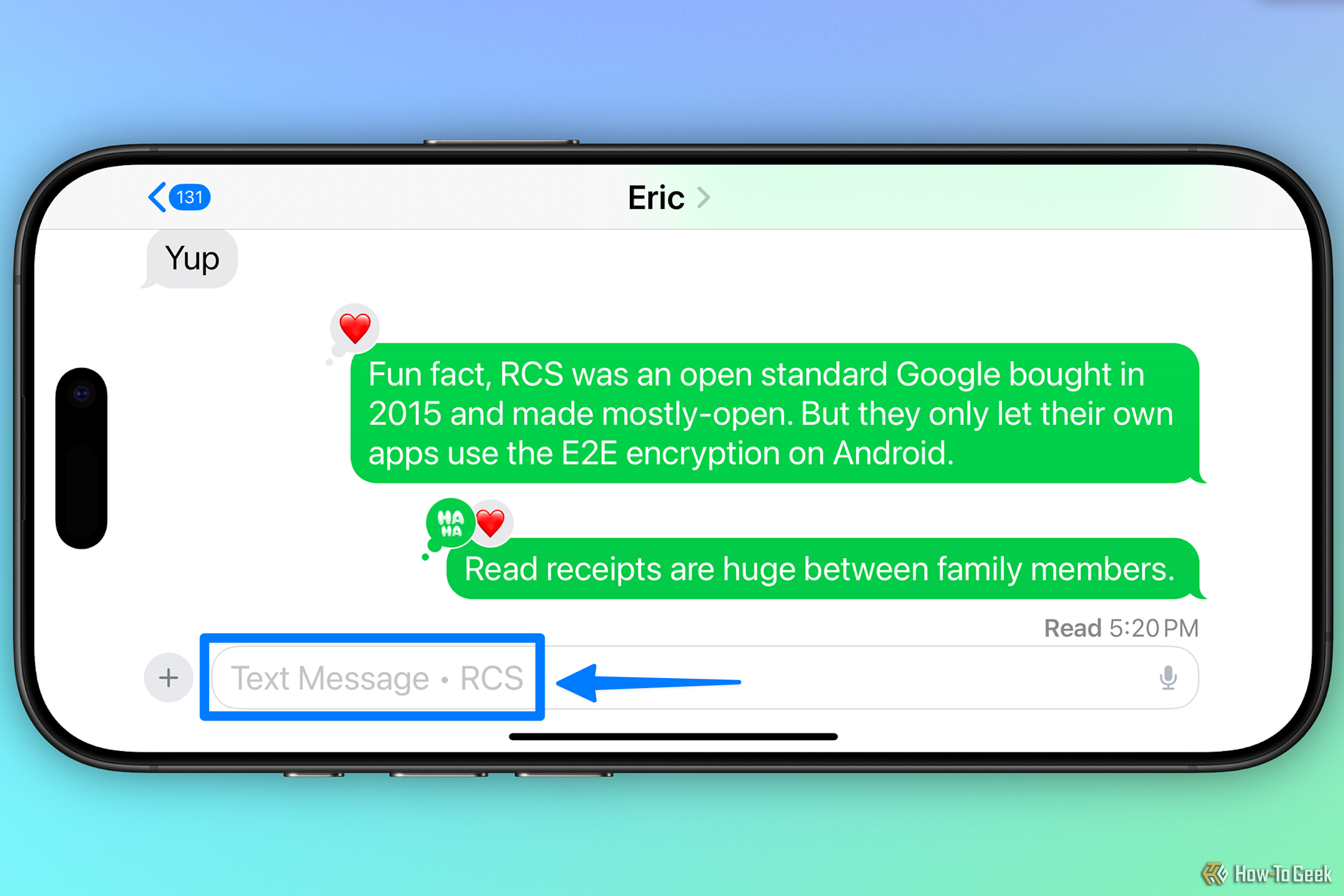 An iPhone on a multi-color background with a conversation displayed on the screen. A box shows how Apple displays RCS conversations information. 