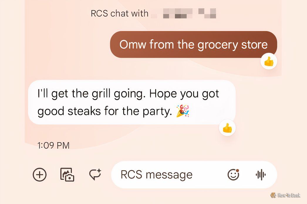 An RCS conversation between an iPhone and Android user showing the Android messaging interface. 