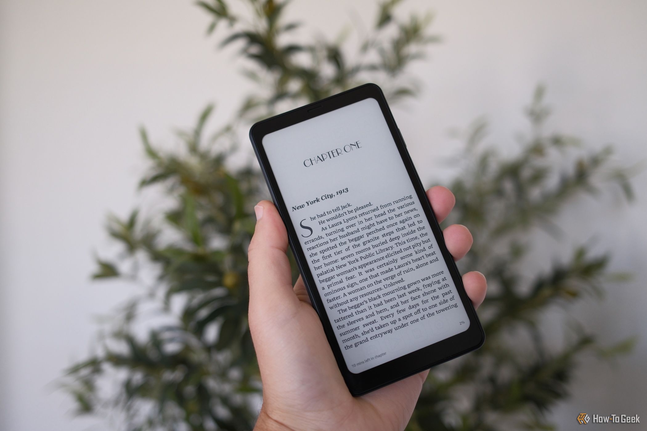 a hand holding the Onyx Boox Palma 2 with a book on screen