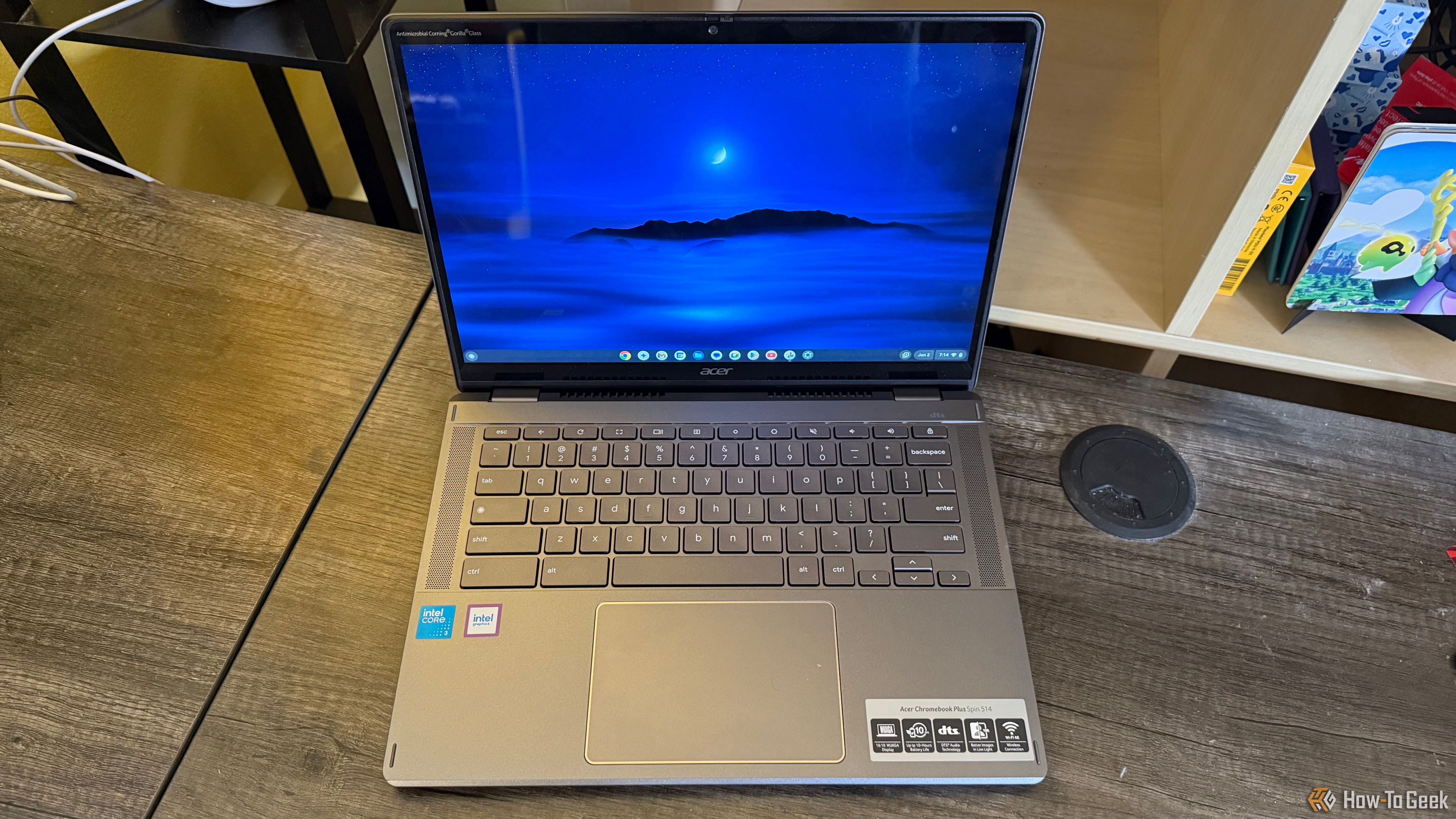 The Acer Chromebook Plus Spin 514 from above in laptop mode on a desk.