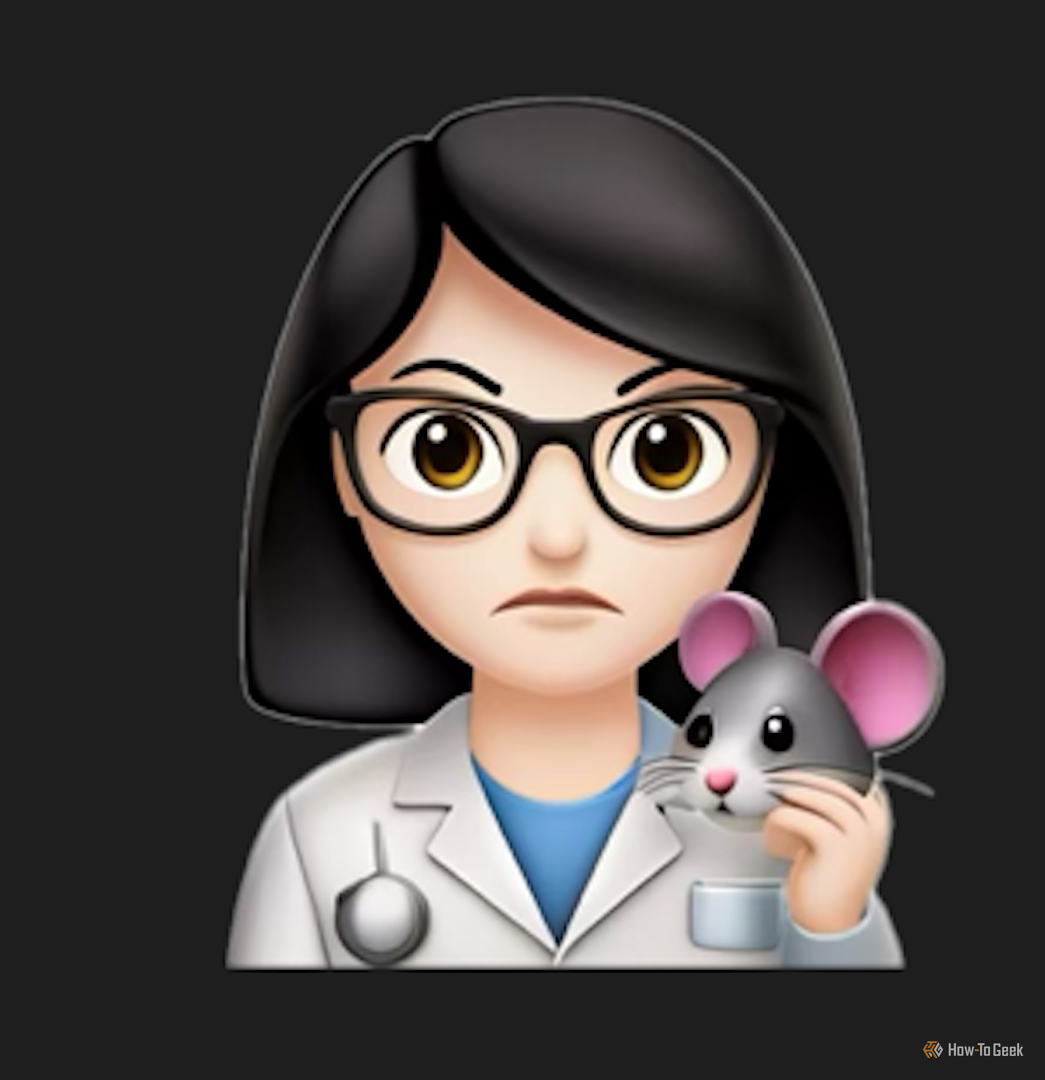 Woman in a lab coat with a mouse made in Genmoji.