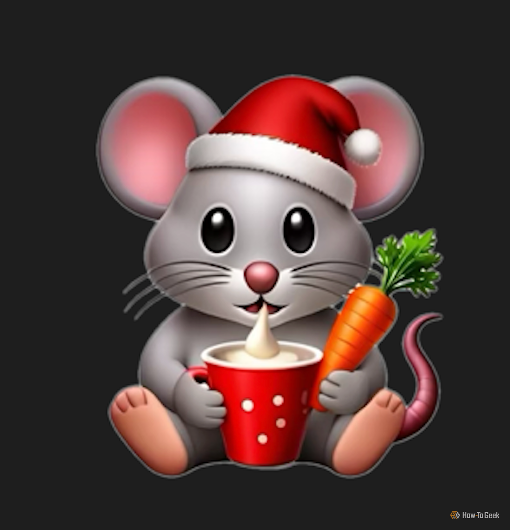 Mouse in a santa hat with a carrot and ice cream made in Genmoji.