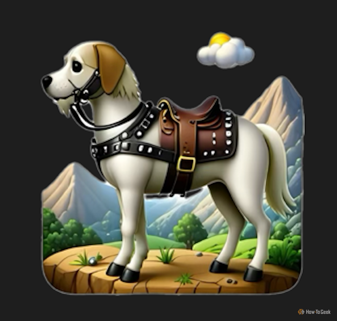 Dog horse hybrid in a harness made in Genmoji.