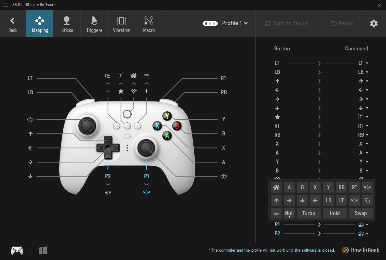 8BitDo Ultimate 2.4G Controller customization software showing button mapping.