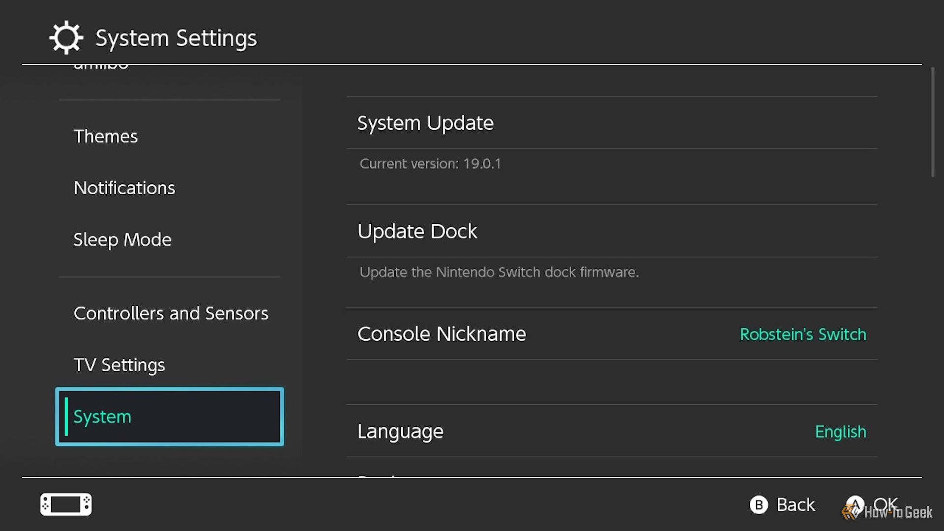 Nintendo Switch System Update settings menu.