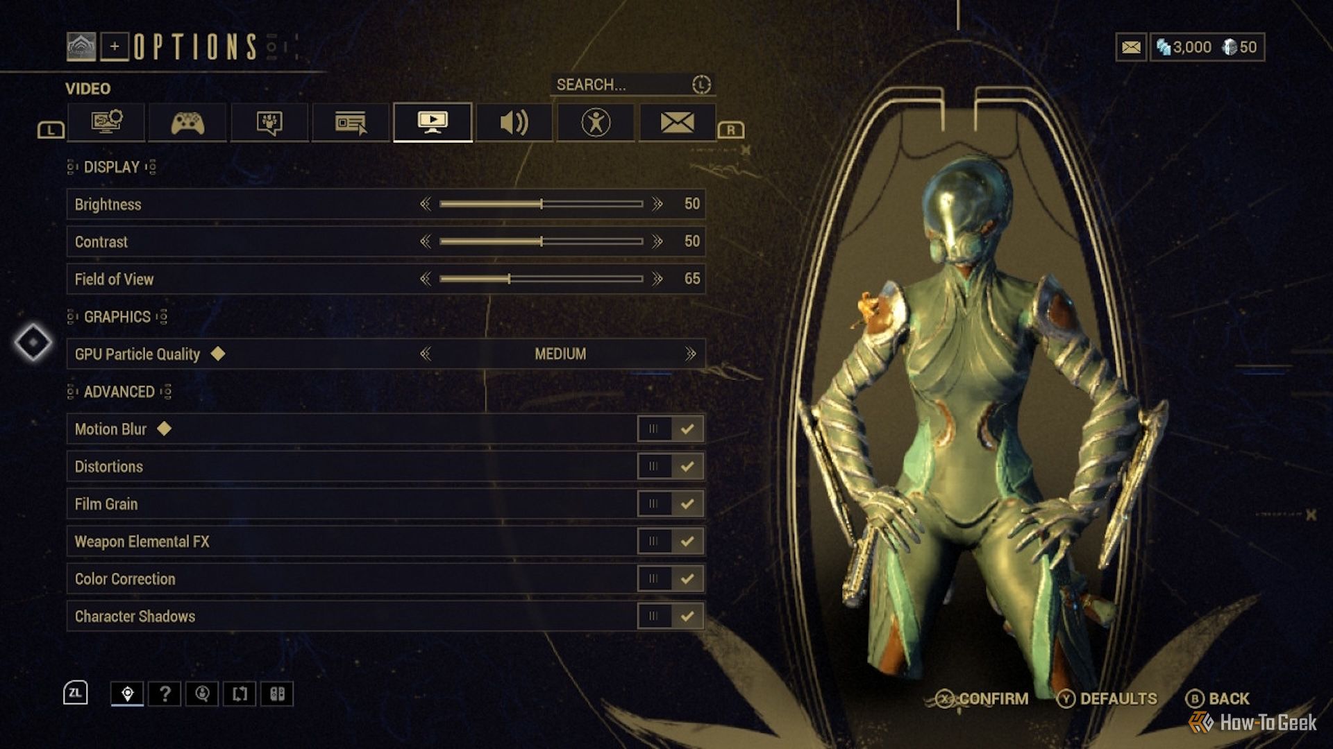 Graphical settings menu in Warframe on the Switch.