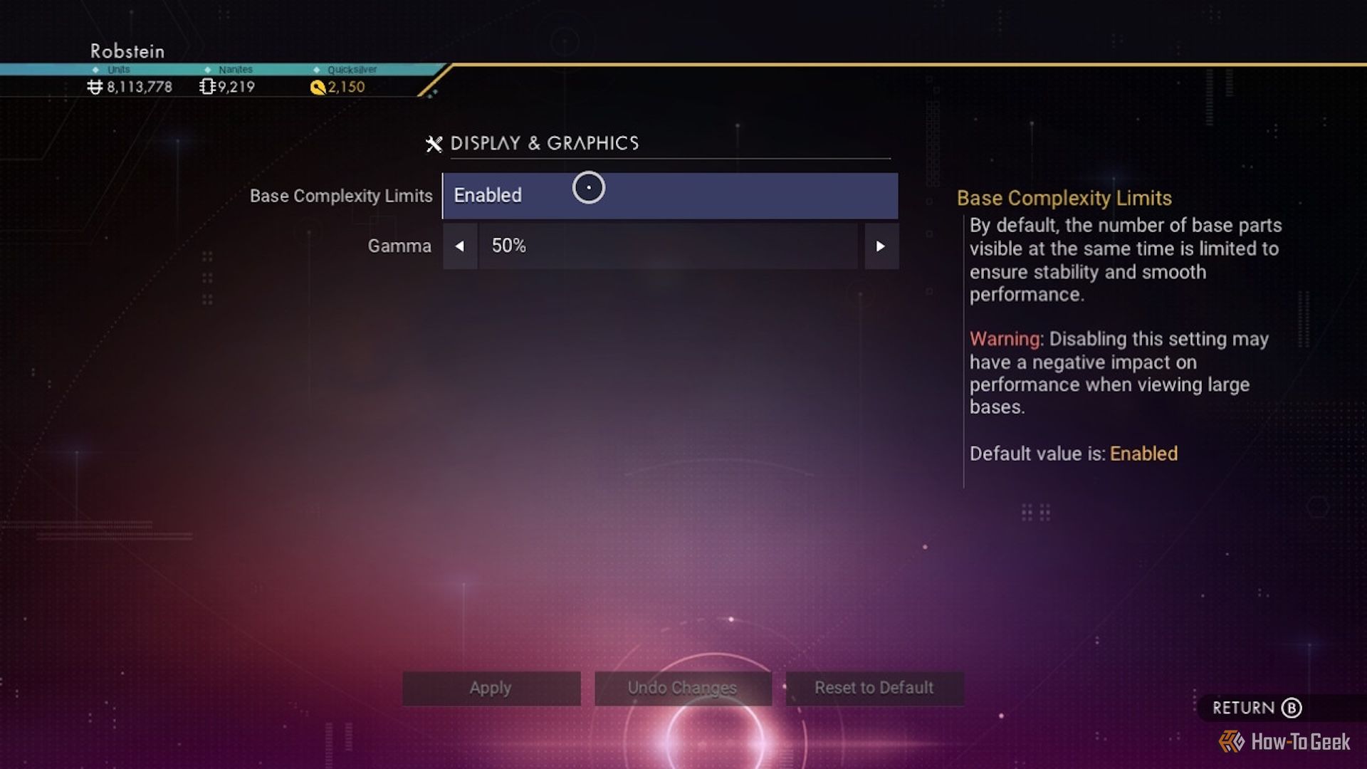 Settings for Base Complexity Limits in No Man's Sky.