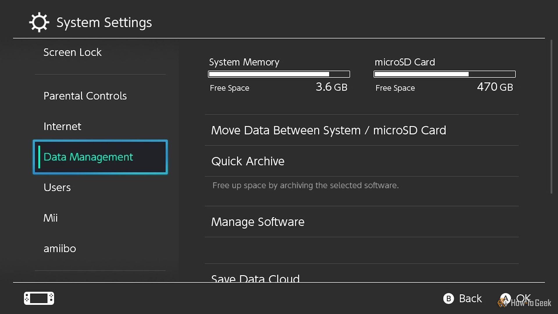 Data Management options in Switch System Settings.