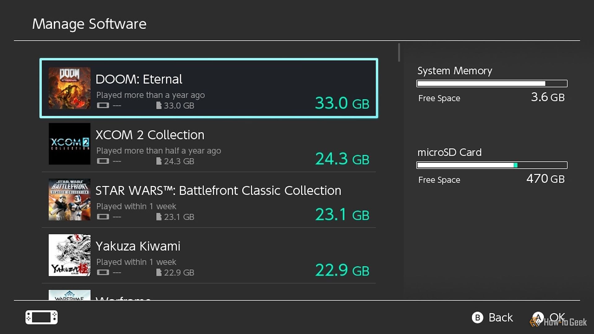 The Manage Software menu in Switch System Settings.