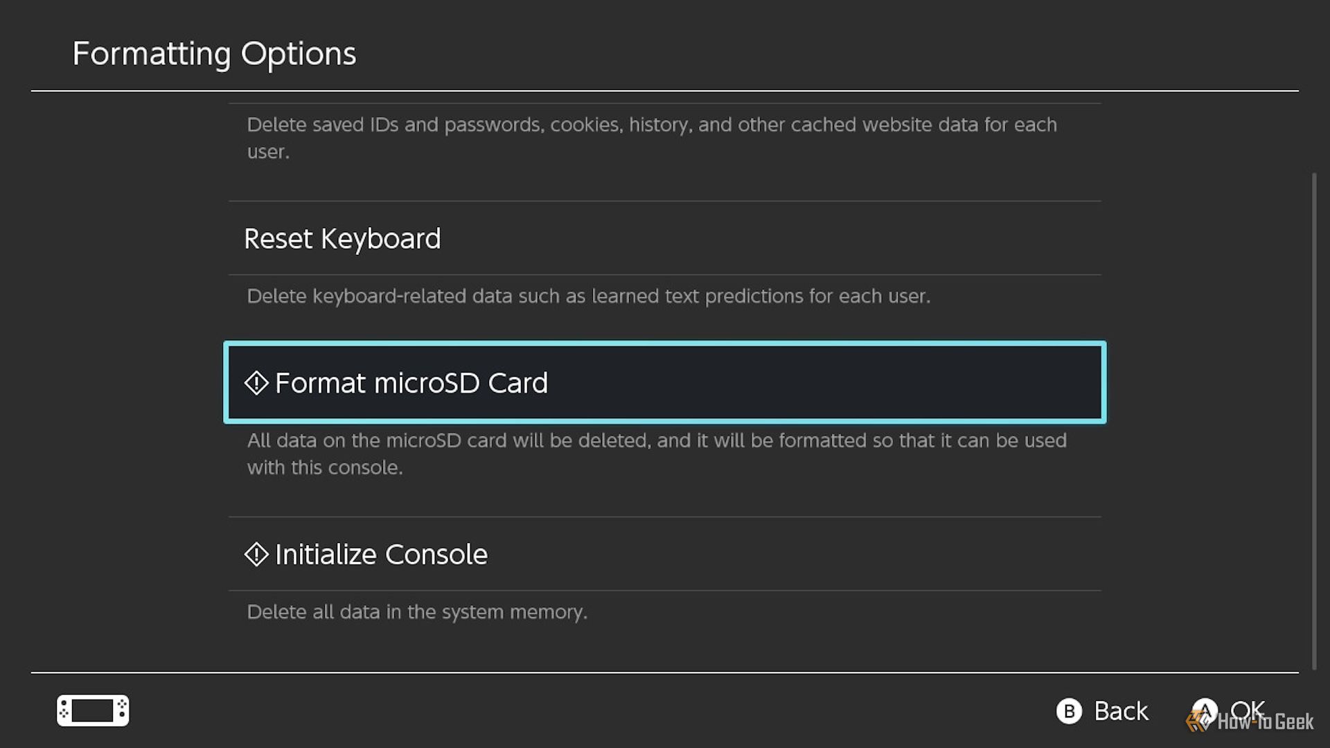 Format microSD Card option highlighted in the Switch System Menu.