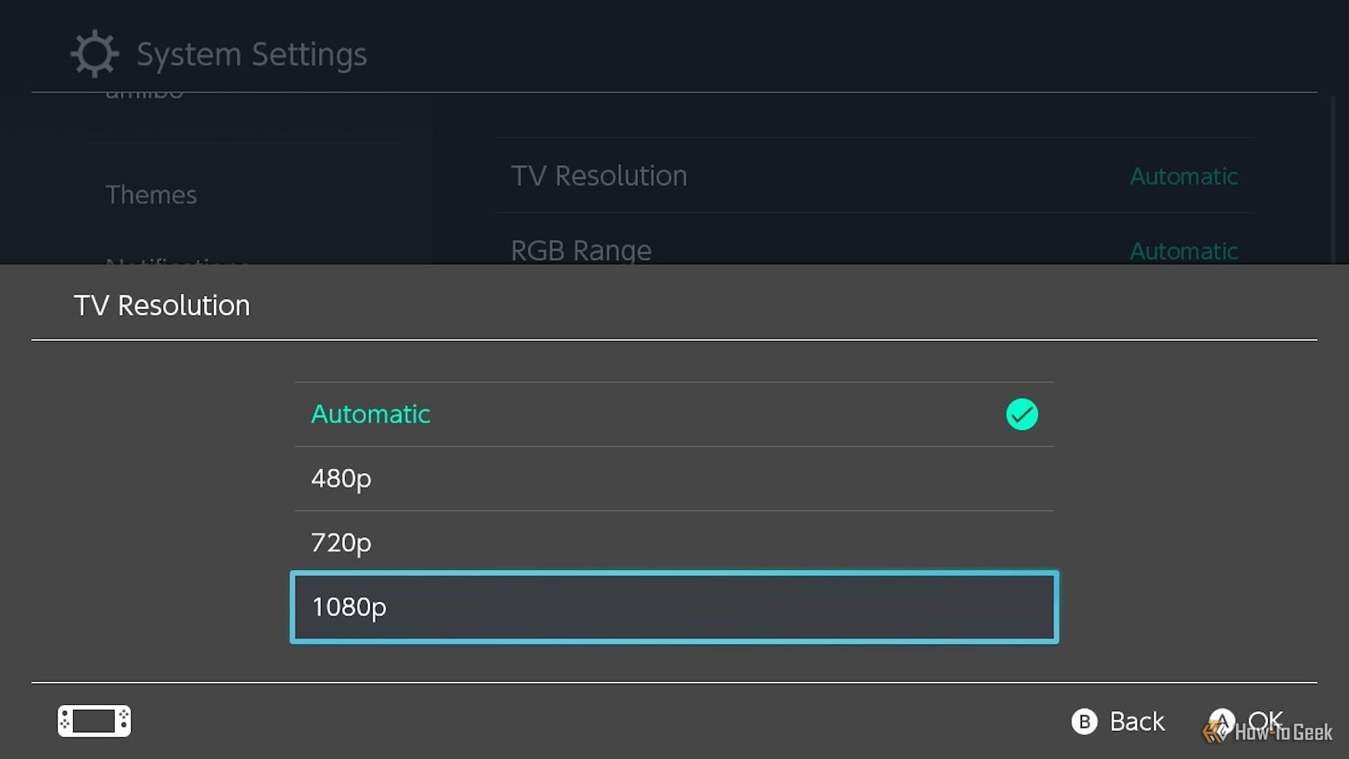 Resolution options for Switch TV Settings.