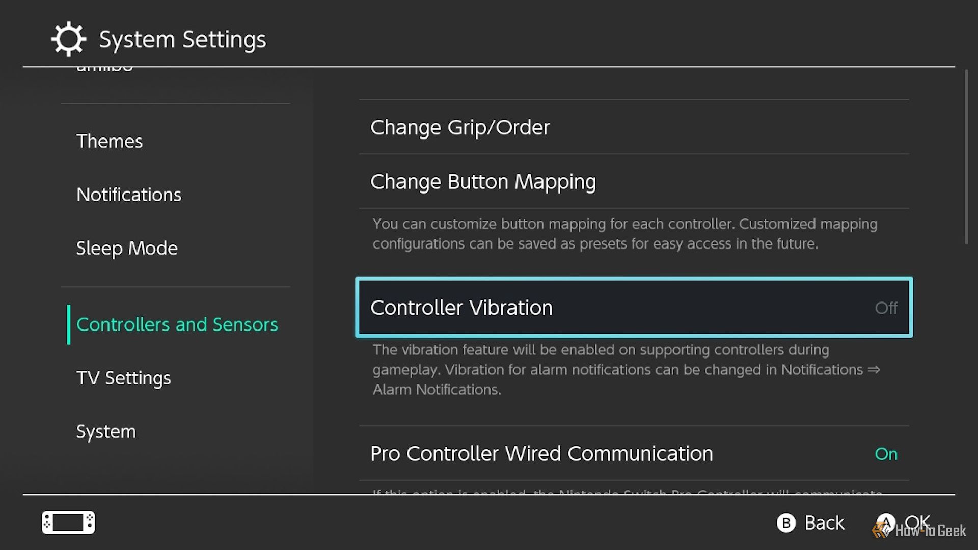 Controller Vibration settings for the Nintendo Switch.