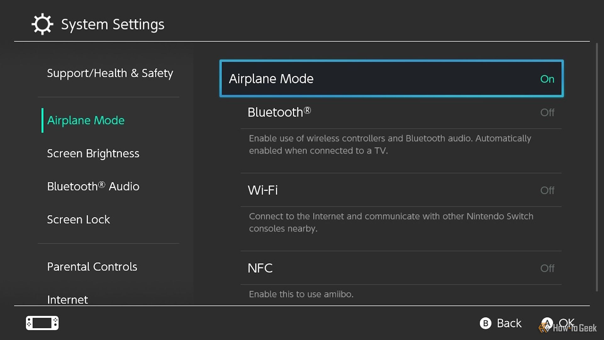 The Airplane Mode menu for the Nintendo Switch.