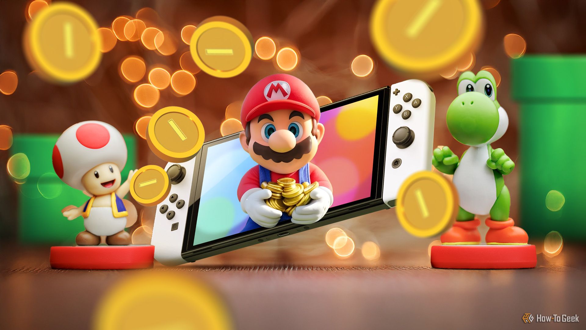 A Nintendo Switch with Super Mario on the screen holding some coins, Toad and Yoshi beside him, and some coins around.