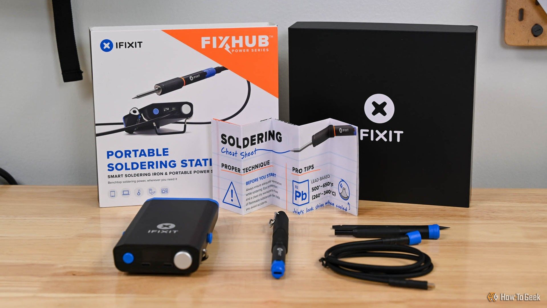 Components of the iFixit FixHub Portable Soldering Station.