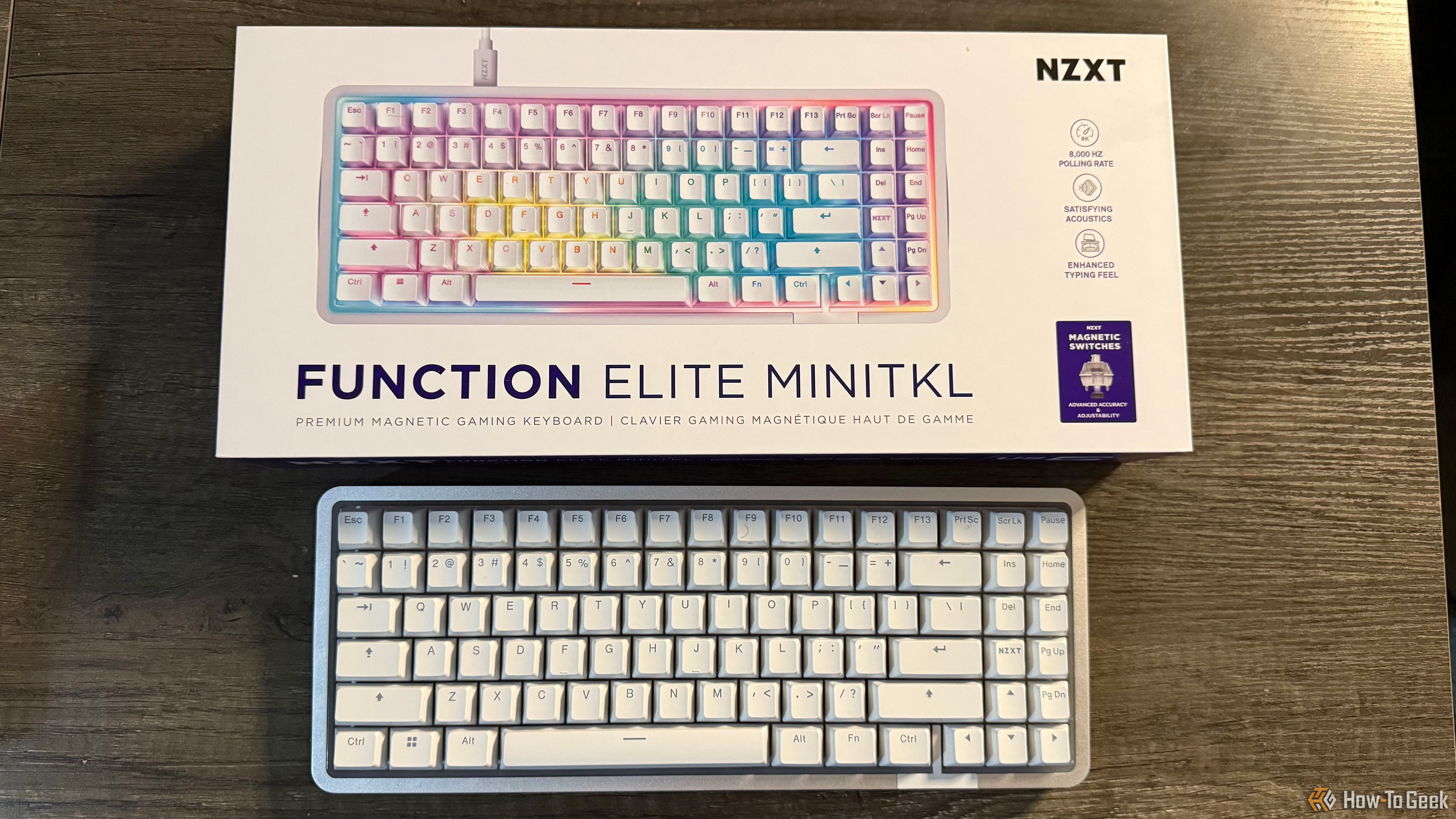 NZXT Function Elite MiniTKL magnetic keyboard from above and its box.