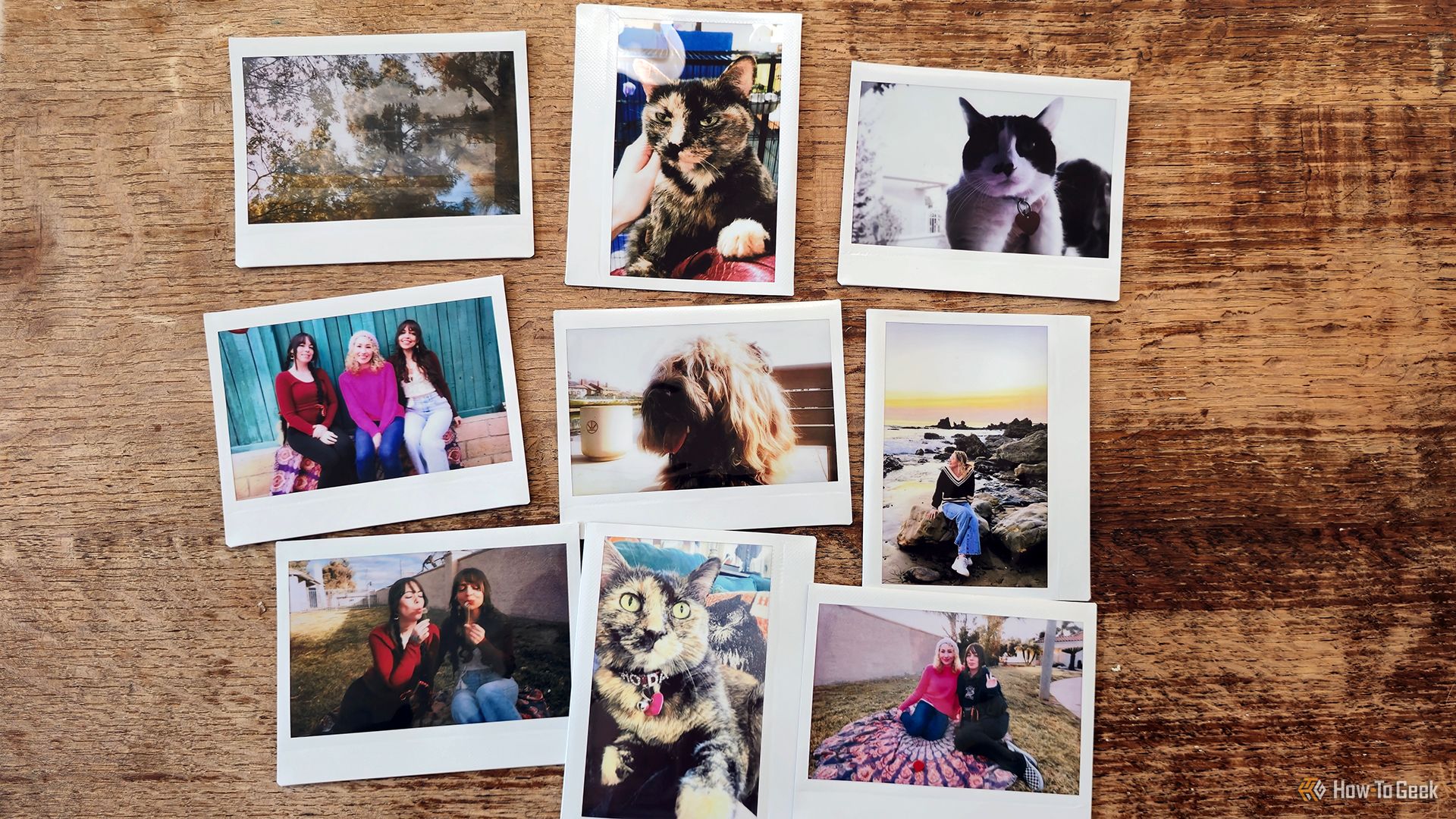 Nine photos taken and printed with the Instax Wide Evo hybrid camera.