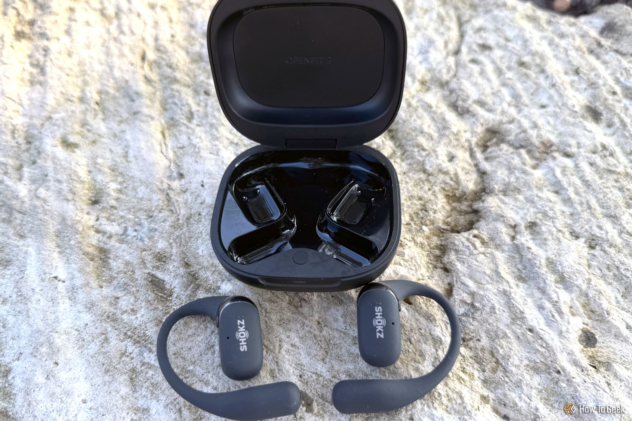 The Shokz OpenFit 2 outside of the charging case. 