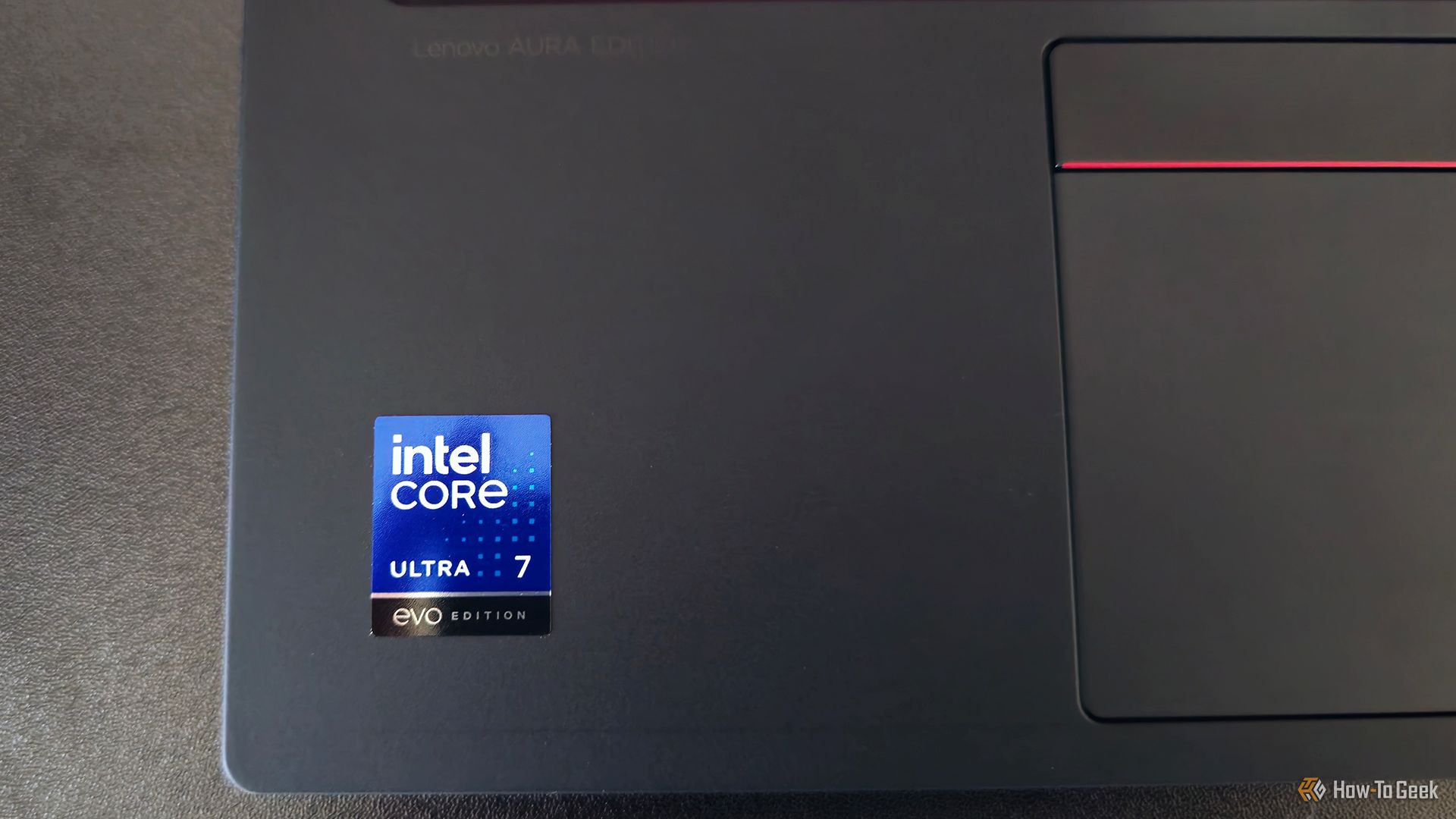 The Intel Core Ultra 7 sticker on the Lenovo ThinkPad X1 Carbon Gen 13 Aura Edition laptop