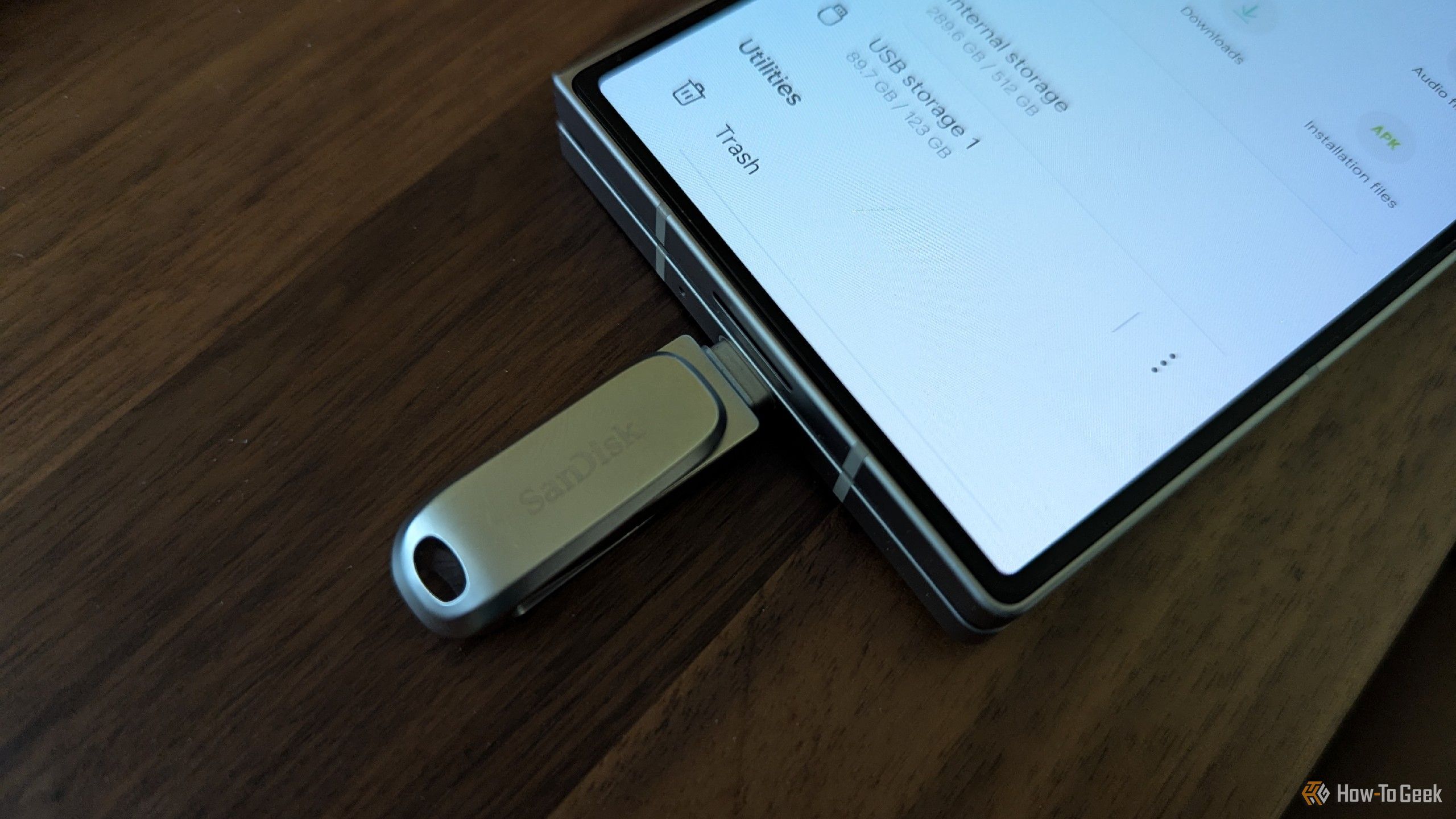 A USB-C flash drive plugged into a Samsung Galaxy Z Fold 6.