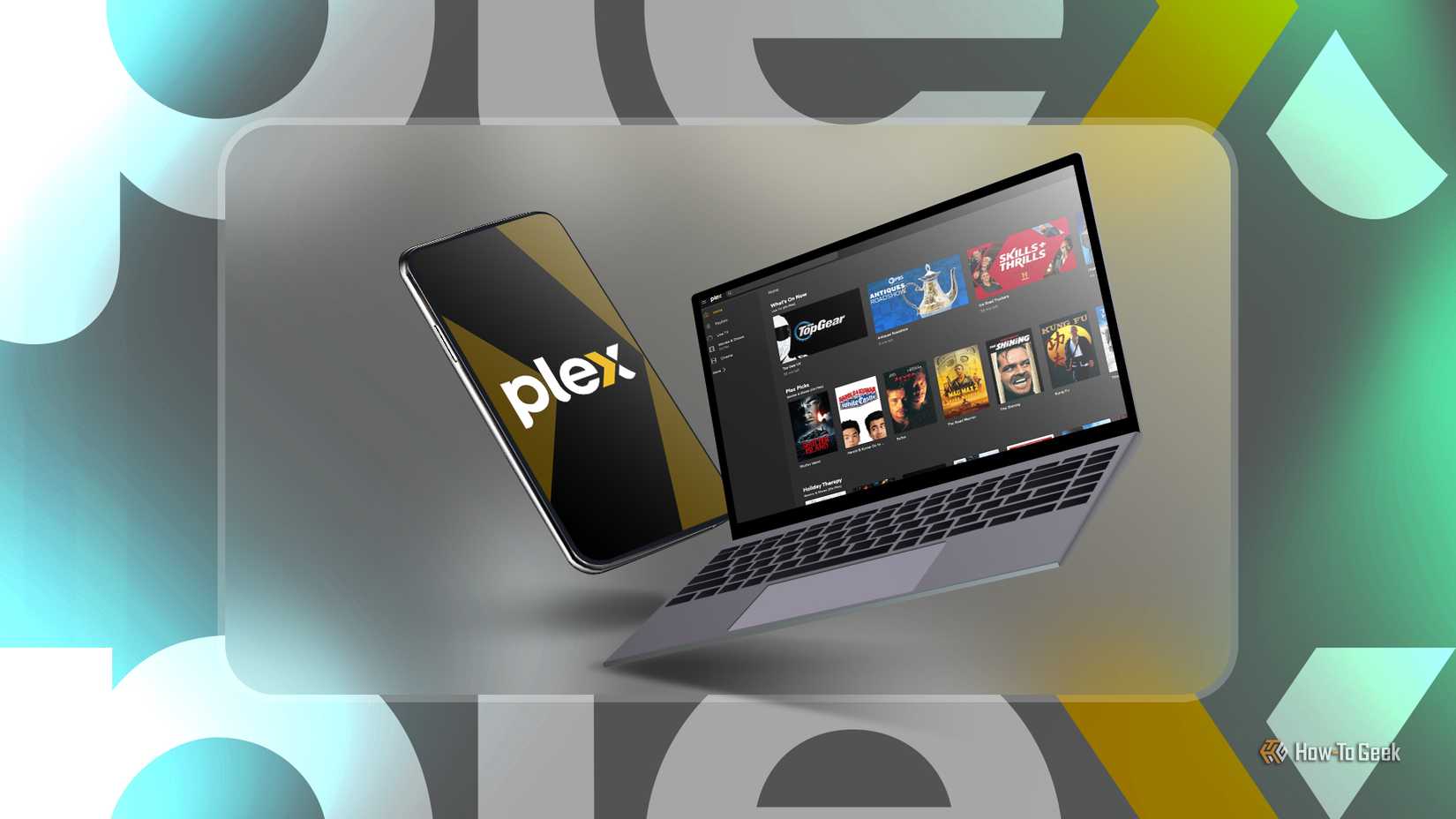 A phone with the plex logo and a laptop next to him with the Plex home screen.