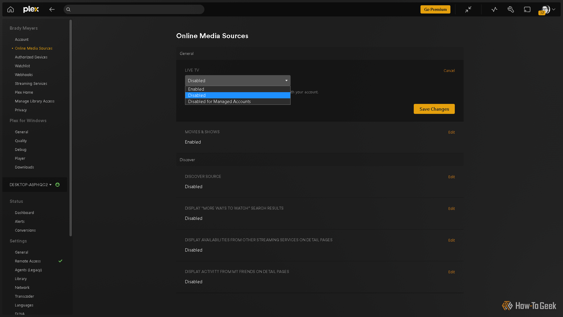 Disabling Online Media Sources in Plex's in-app settings.