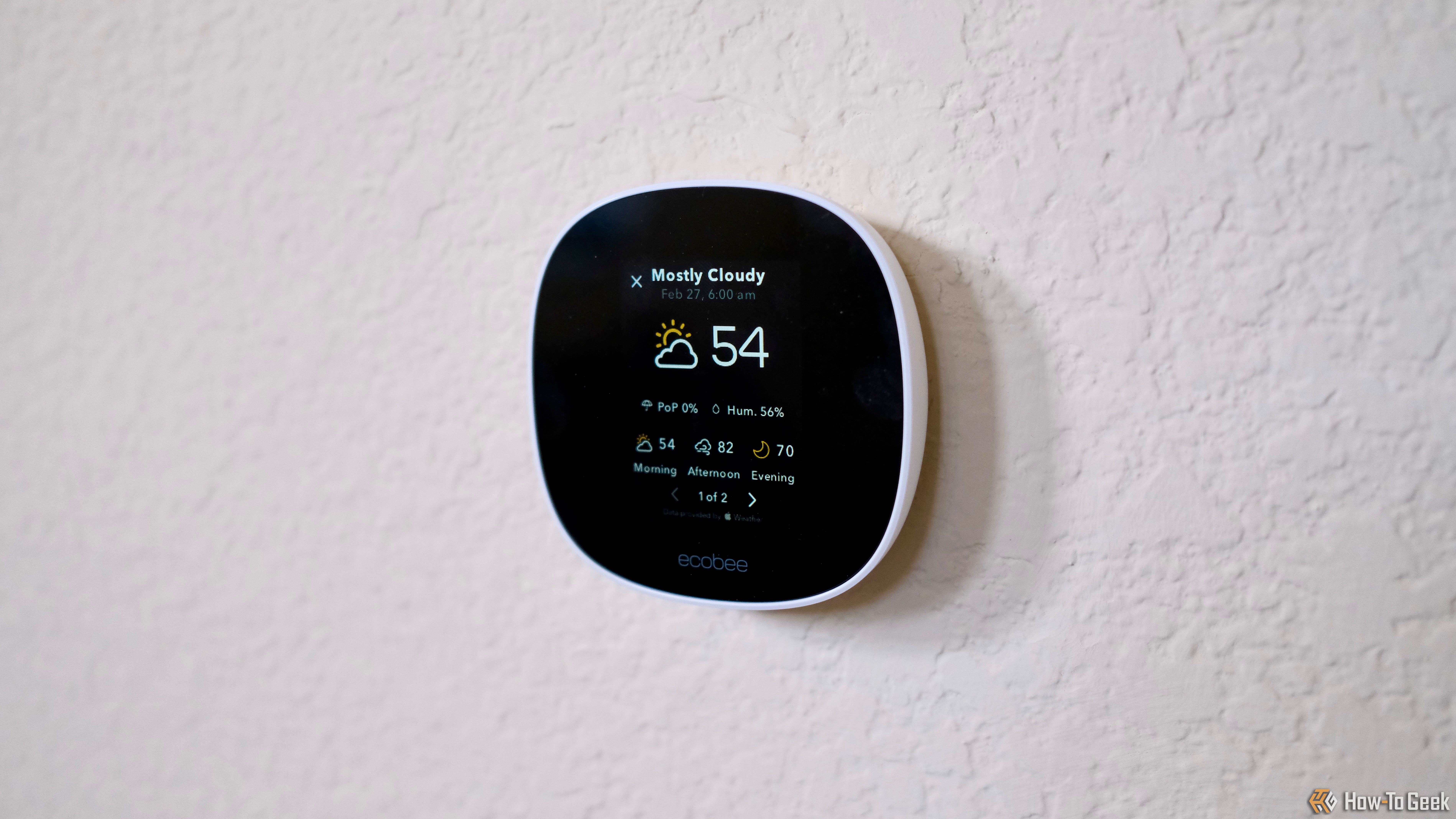 Ecobee Smart Thermostat Essential showing outside weather.