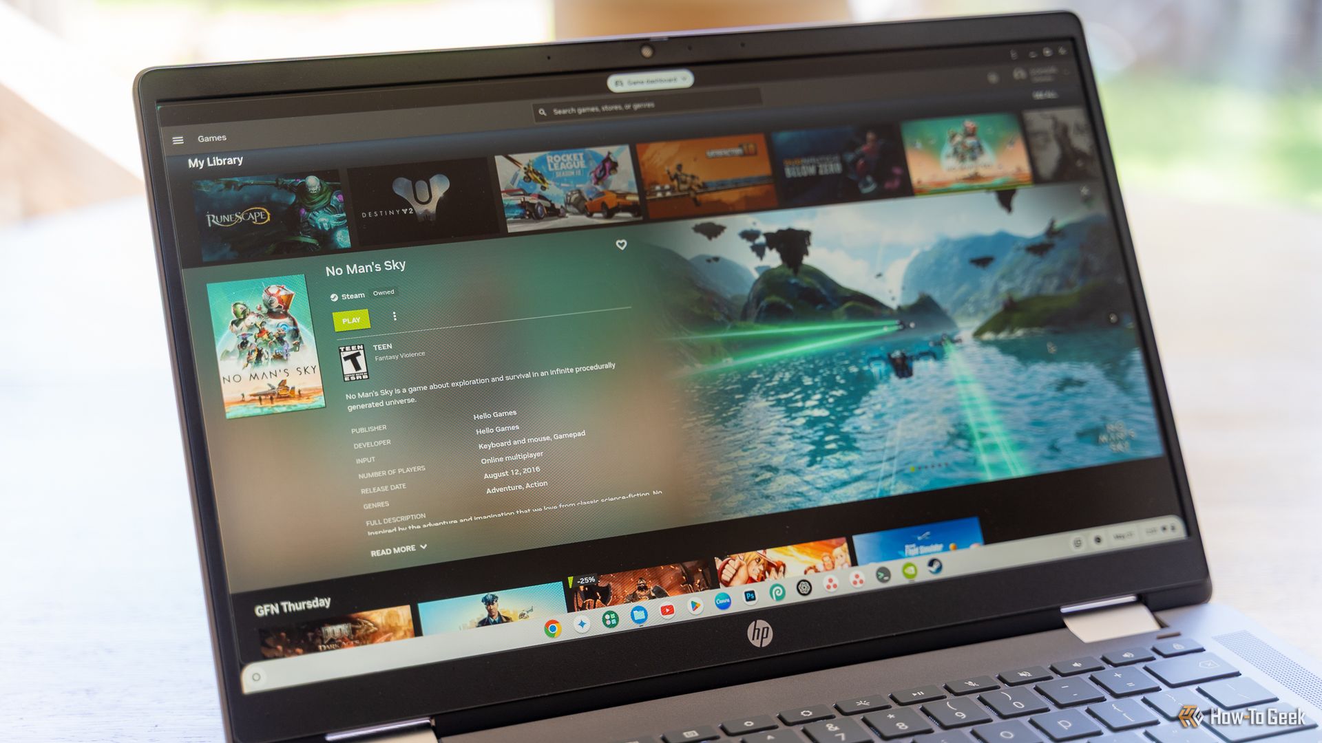 An HP Chromebook Plus with the NVIDIA GeForce NOW app open showing No Man's Sky.